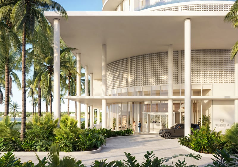 Shorecrest Flagler Drive grand porte cochere entrance on Flagler Drive, West Palm Beach, Florida, with covered drop-off, modern facade and palm landscaping - luxury, ultra luxury preconstruction condos arrival.