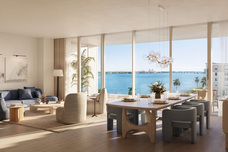 Shorecrest Flagler Drive open-concept living room and dining in West Palm Beach, Florida, with floor-to-ceiling windows and waterfront views - luxury and ultra luxury preconstruction condos residence interior.