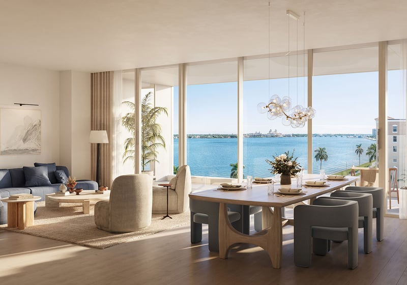 Shorecrest Flagler Drive open-concept living room and dining in West Palm Beach, Florida, with floor-to-ceiling windows and waterfront views - luxury and ultra luxury preconstruction condos residence interior.