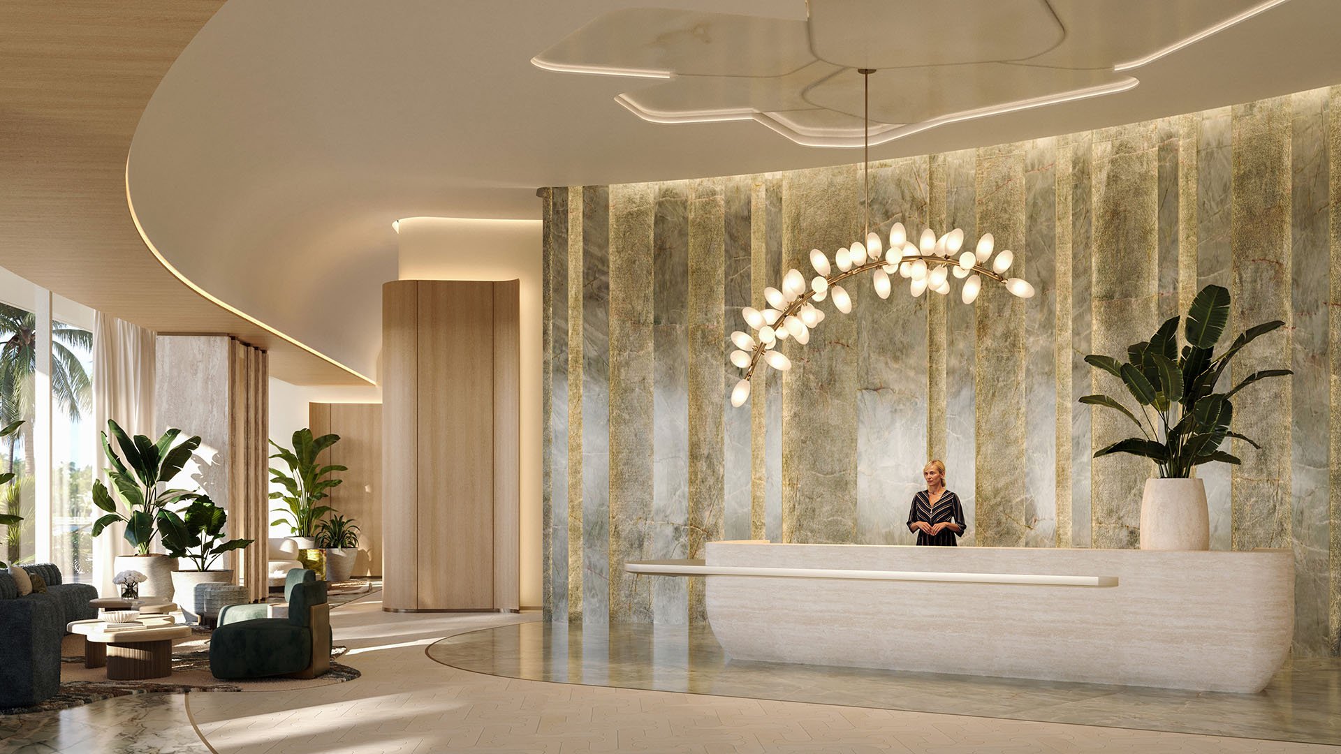 Shorecrest Flagler Drive lobby in West Palm Beach, Florida, with reception desk, stone feature wall, curved ceiling and sculptural chandelier - luxury and ultra luxury preconstruction condos.