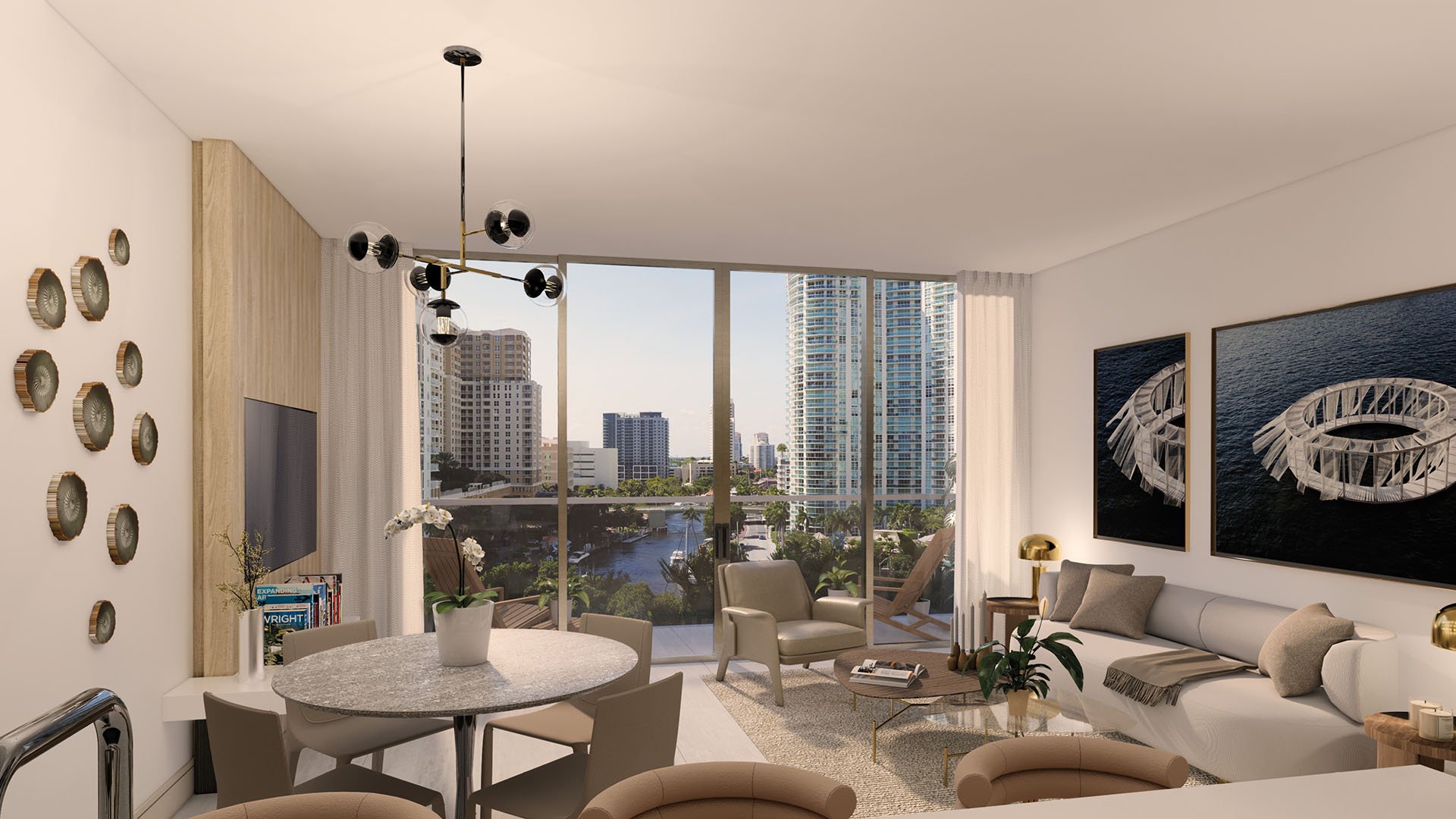 Sixth & Rio luxury and ultra luxury preconstruction condos in Fort Lauderdale, Florida, living room and dining area with beige sofa, gold accents and sliding doors to balcony overlooking the skyline.