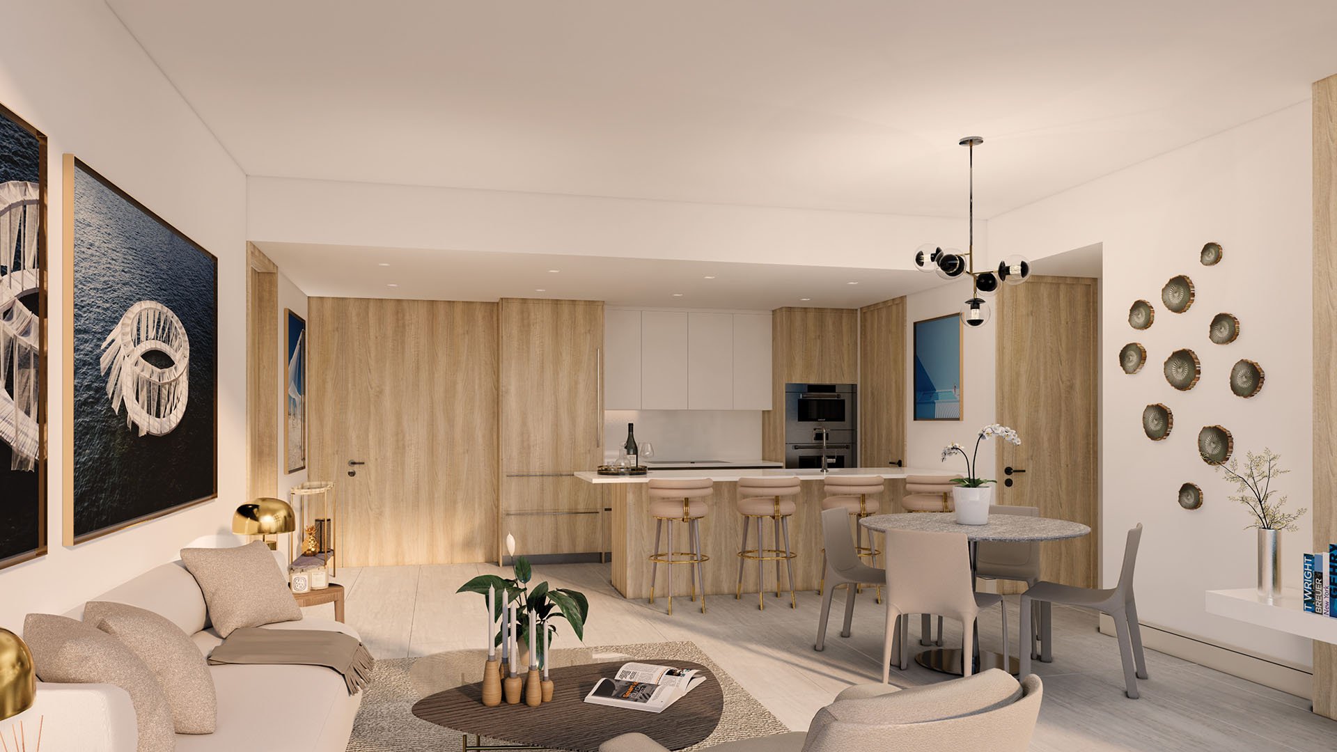 Sixth & Rio luxury and ultra luxury preconstruction condos in Fort Lauderdale, Florida, open-concept great room with modern kitchen island, bar stools, round dining table and curated artwork.