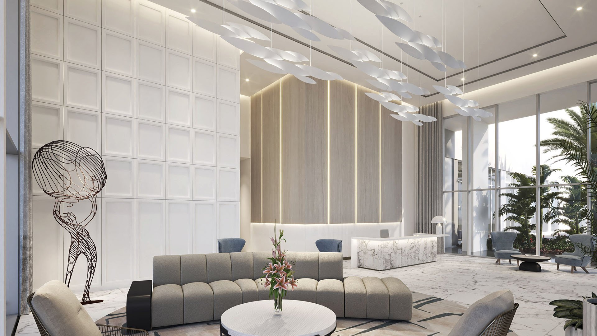 Sixth & Rio luxury and ultra luxury preconstruction condos in Fort Lauderdale, Florida, modern lobby with marble flooring, reception desk, sculptural chandelier and lounge seating.