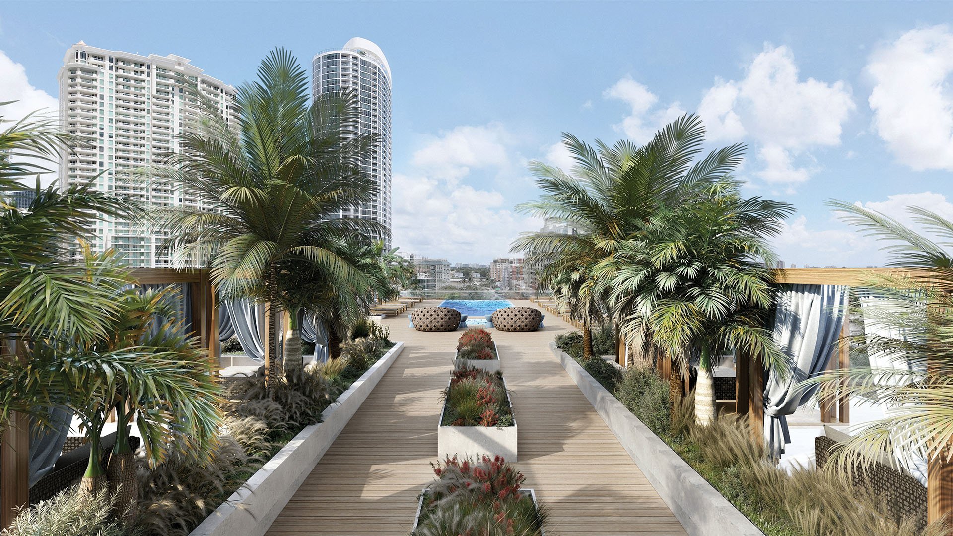 Sixth & Rio luxury and ultra luxury preconstruction condos in Fort Lauderdale, Florida, rooftop promenade with landscaped planters, palm-lined cabanas and boardwalk path leading to the pool deck.