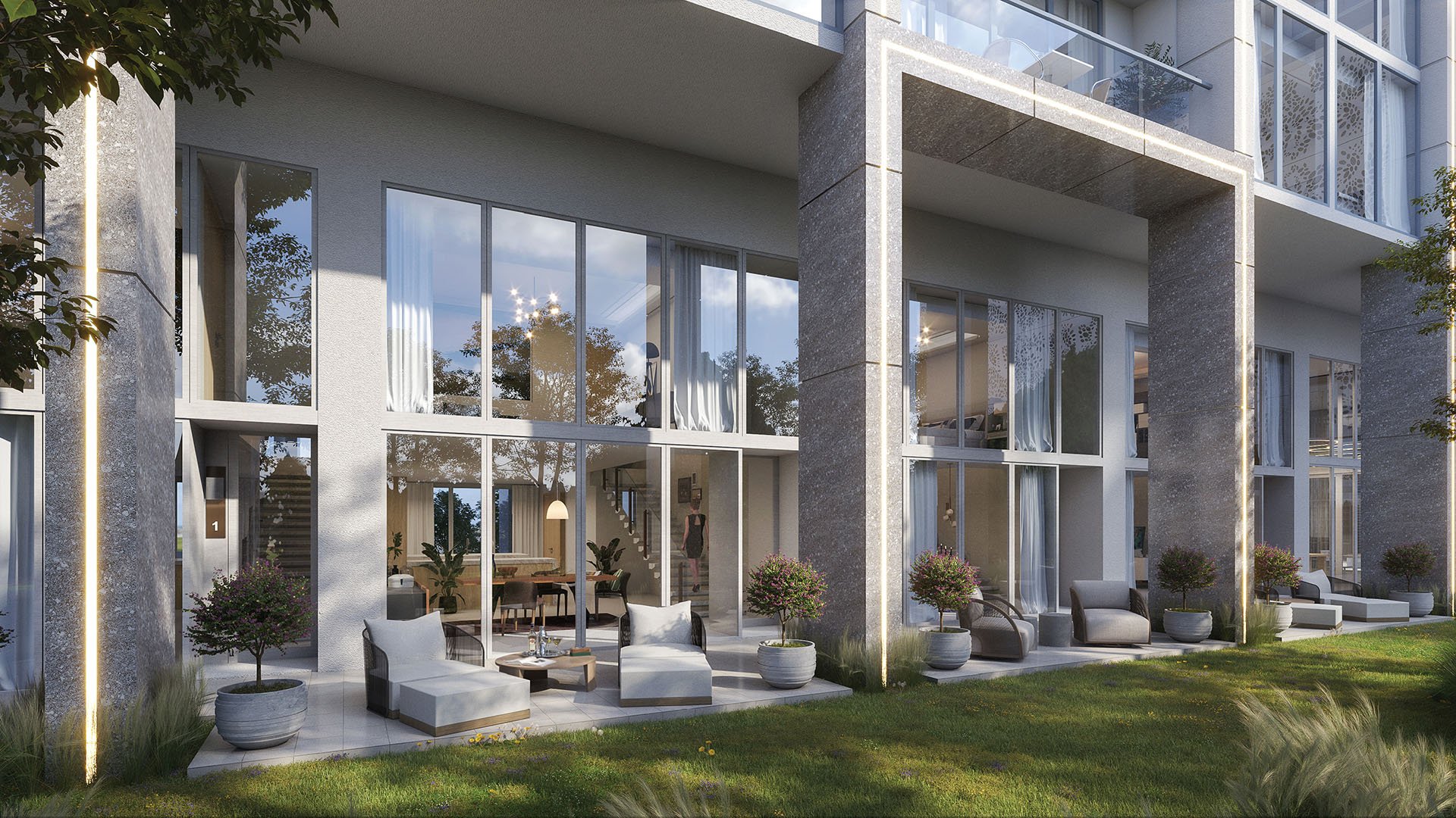 Sixth and Rio ground-floor patio lounge in Fort Lauderdale, FL, with floor-to-ceiling windows, outdoor seating and landscaped gardens - luxury and ultra luxury preconstruction condos lifestyle.