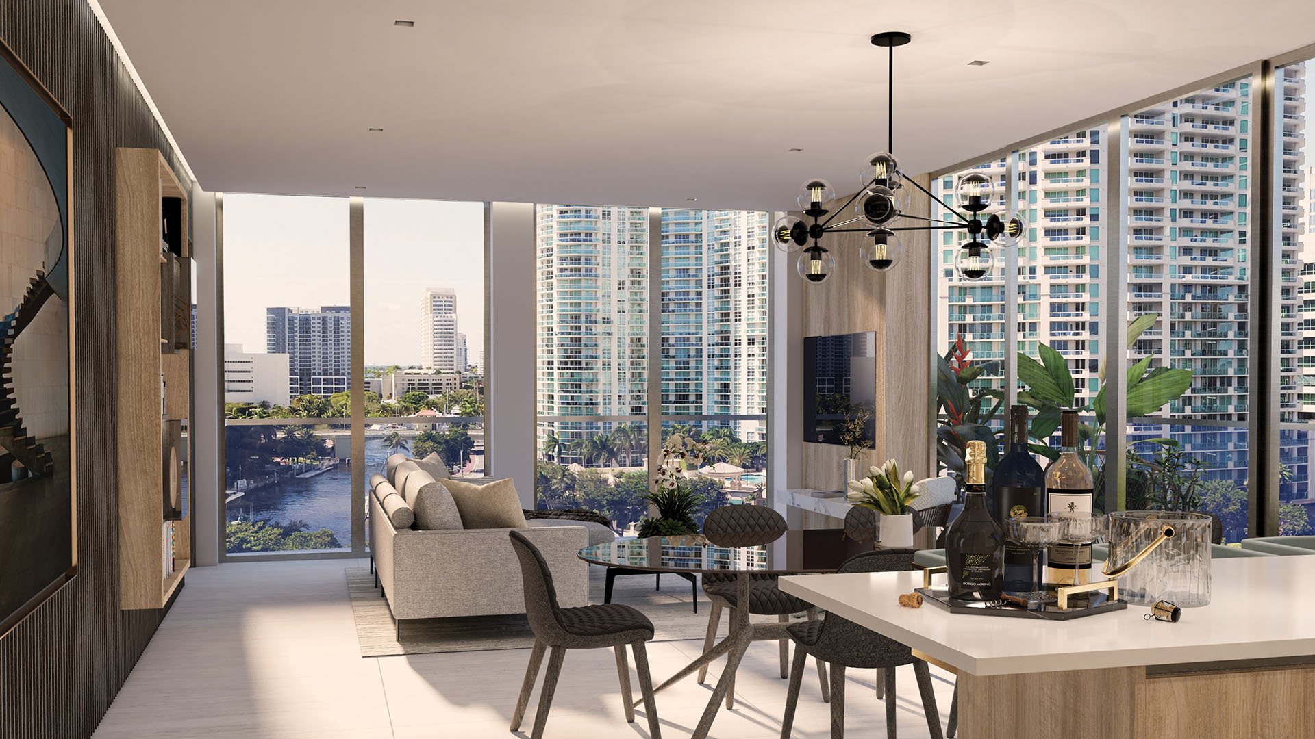 Residence 01 open-concept kitchen and living room at Sixth and Rio, Fort Lauderdale, FL, featuring island bar and panoramic windows - luxury and ultra luxury preconstruction condos.