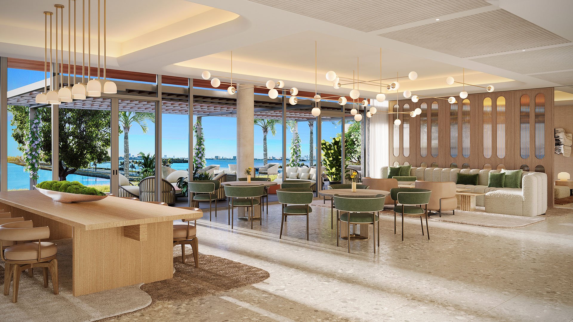 Solana Bay North Miami Beach, Florida residents lounge with social bar, dining tables, designer pendant lights and bay-view terrace, highlighting luxury and ultra luxury preconstruction condos amenities.