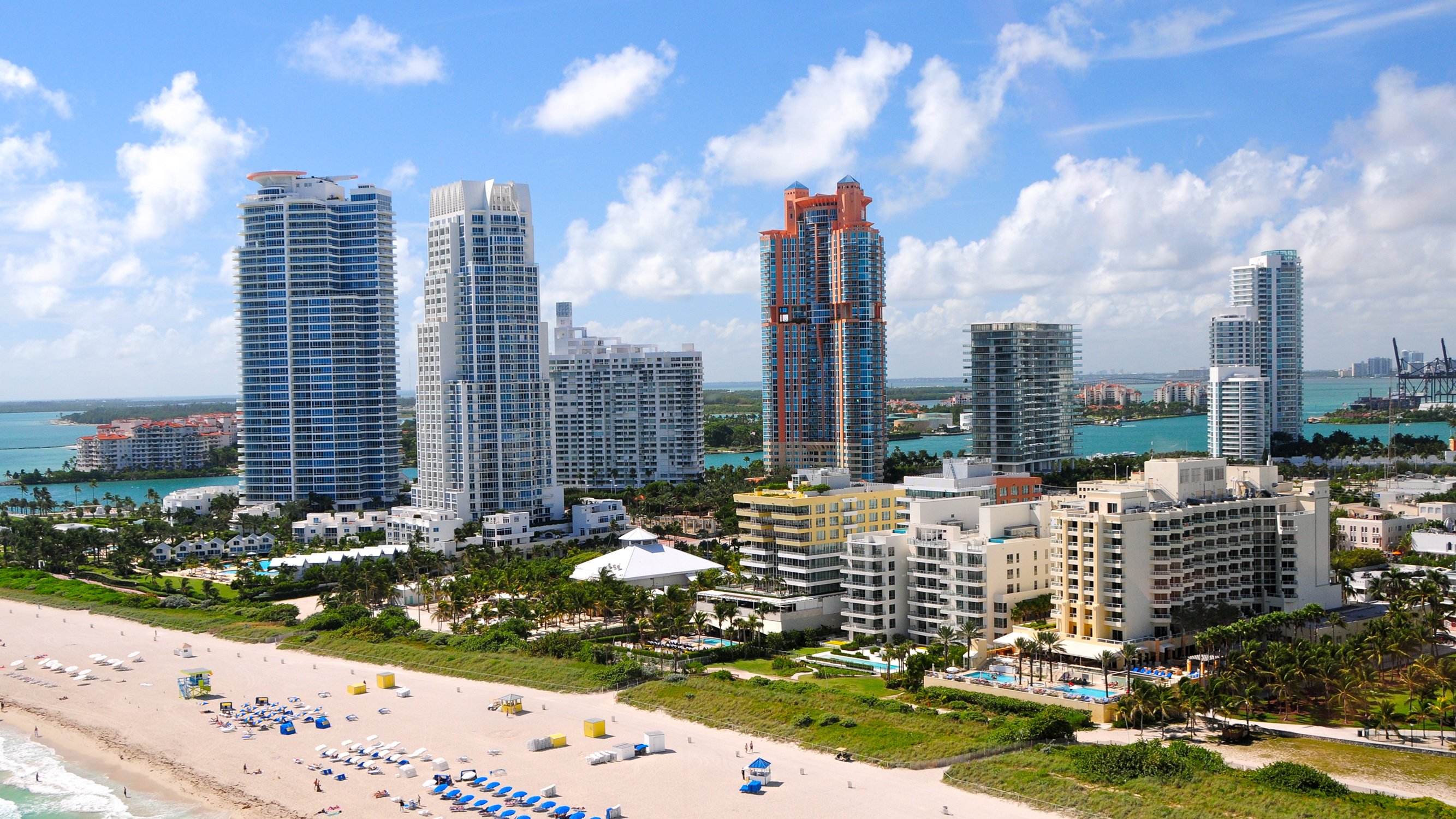 South of Fifth, Miami Beach skyline and shoreline of turquoise water—prestige market for luxury and ultra luxury condos; preconstruction and resale.