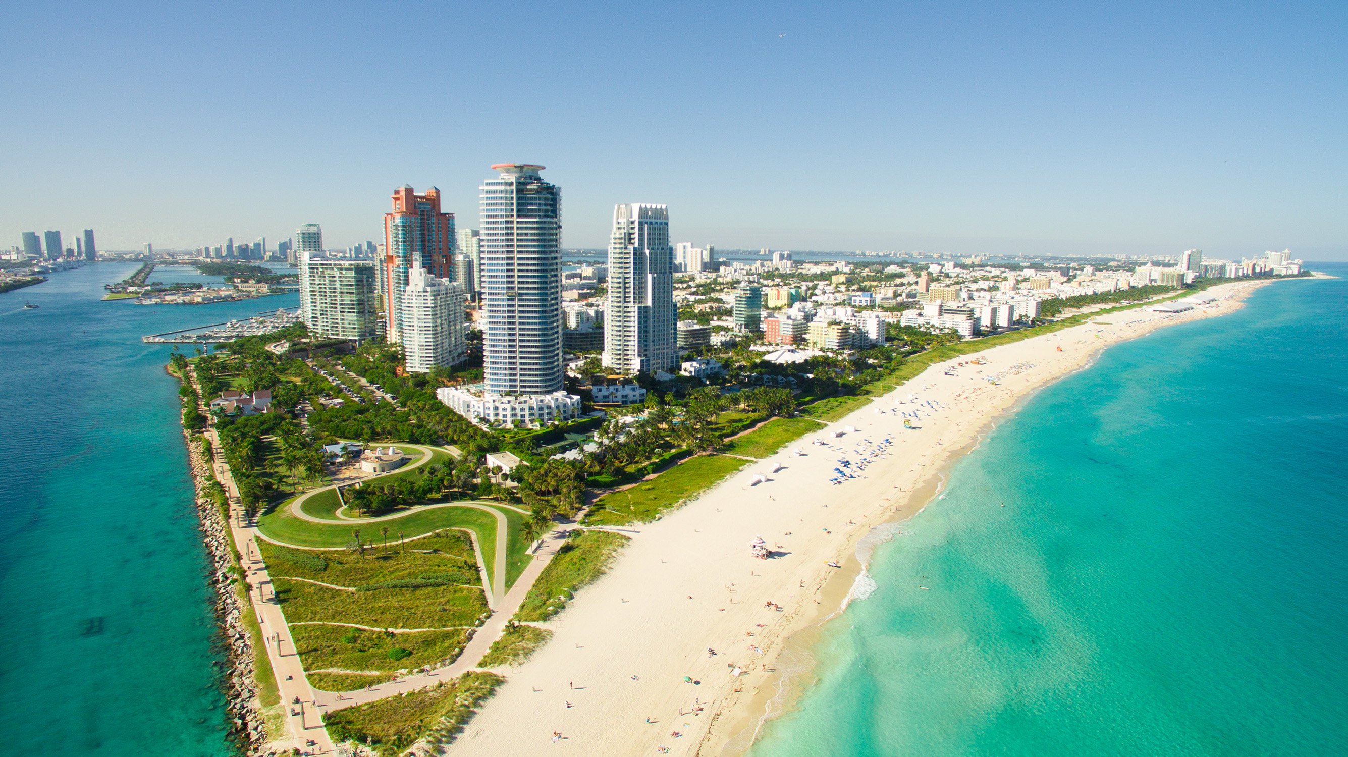 South of Fifth, Miami coastline aerial—Atlantic beaches, marinas and parks near luxury and ultra luxury condos; preconstruction and resale.