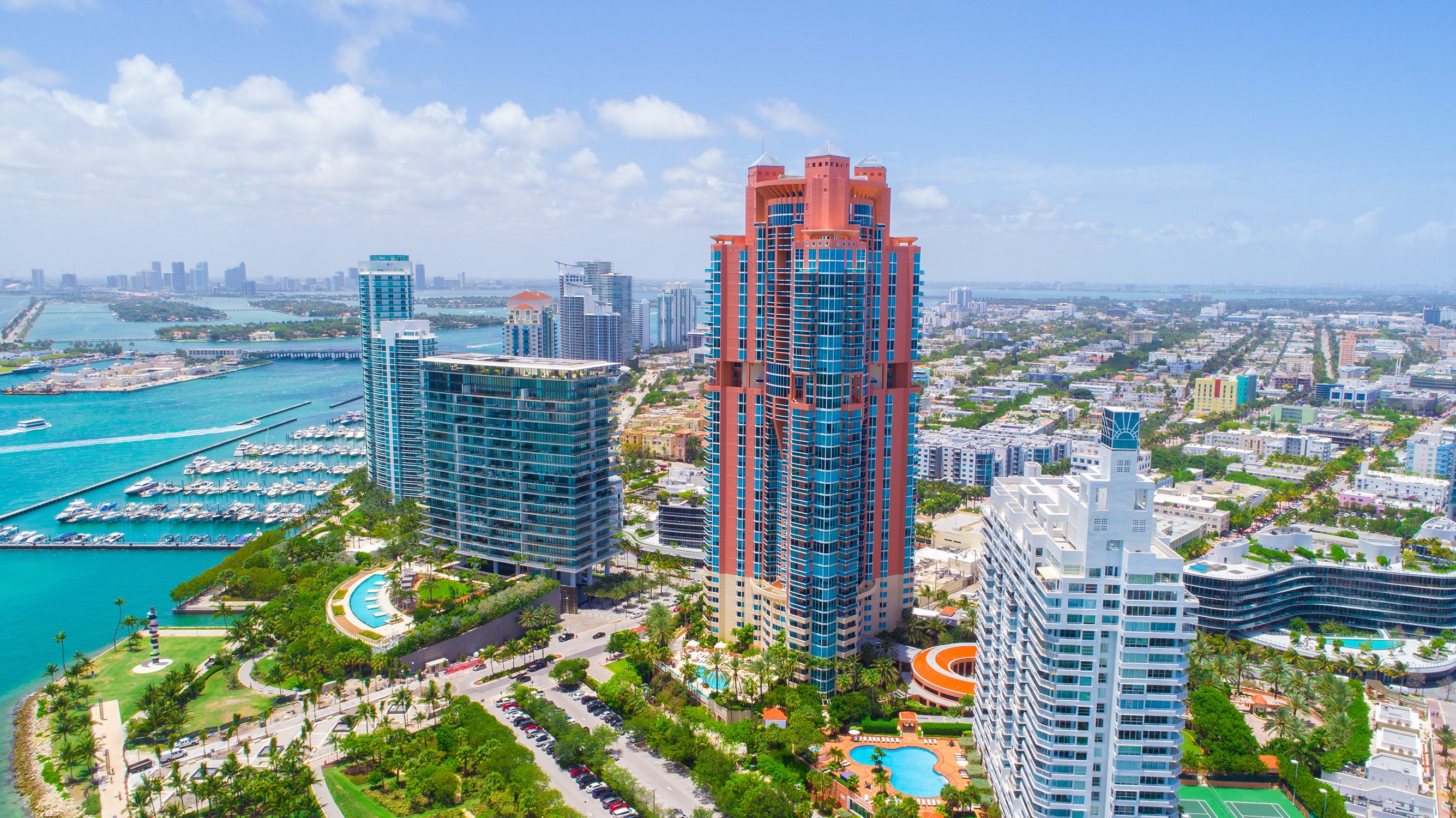 Aerial of South of Fifth marina and skyline. Miami Beach enclave for luxury and ultra luxury condos; preconstruction and resale. Featuring view.
