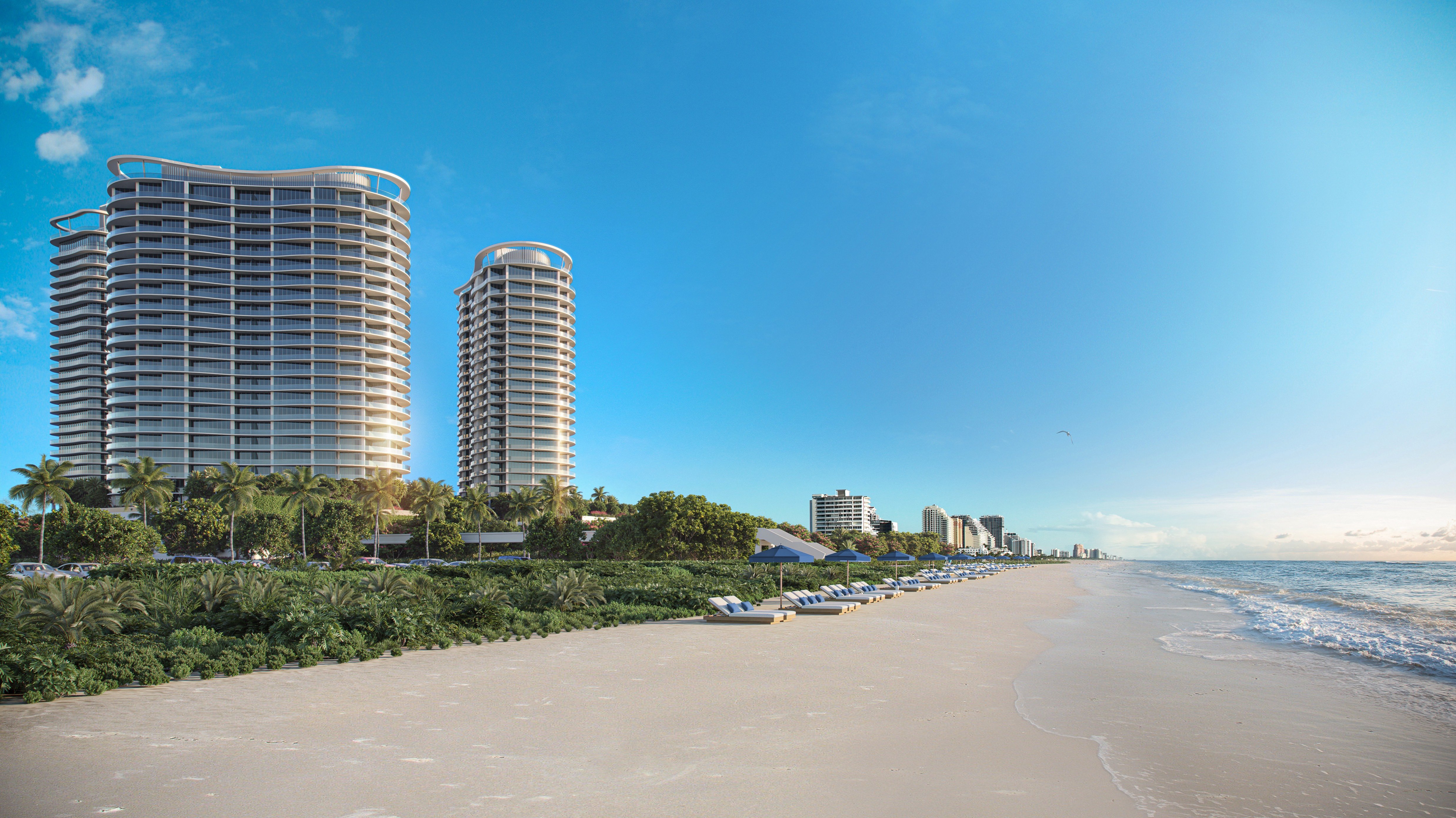 St. Regis Bahia Mar Residences beachfront towers on Fort Lauderdale Beach; luxury, ultra luxury condos, preconstruction at Bahia Mar Marina with oceanfront views. Featuring skyscrapers and sunny day.