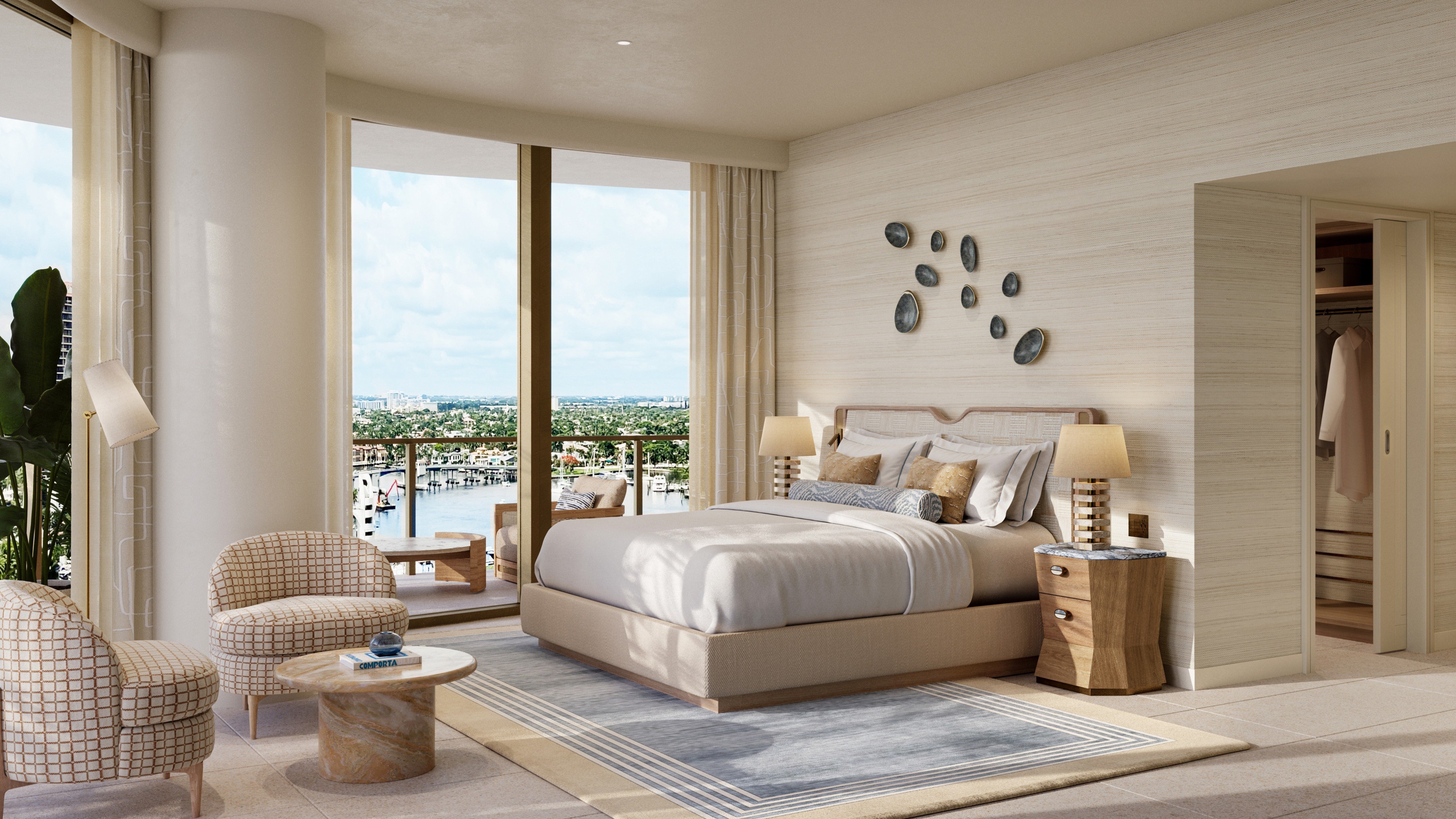 St. Regis Bahia Mar Residences bedroom facing the water, Fort Lauderdale Beach; luxury retreat in ultra luxury condos, preconstruction at Bahia Mar Marina. Featuring waterfront and view.