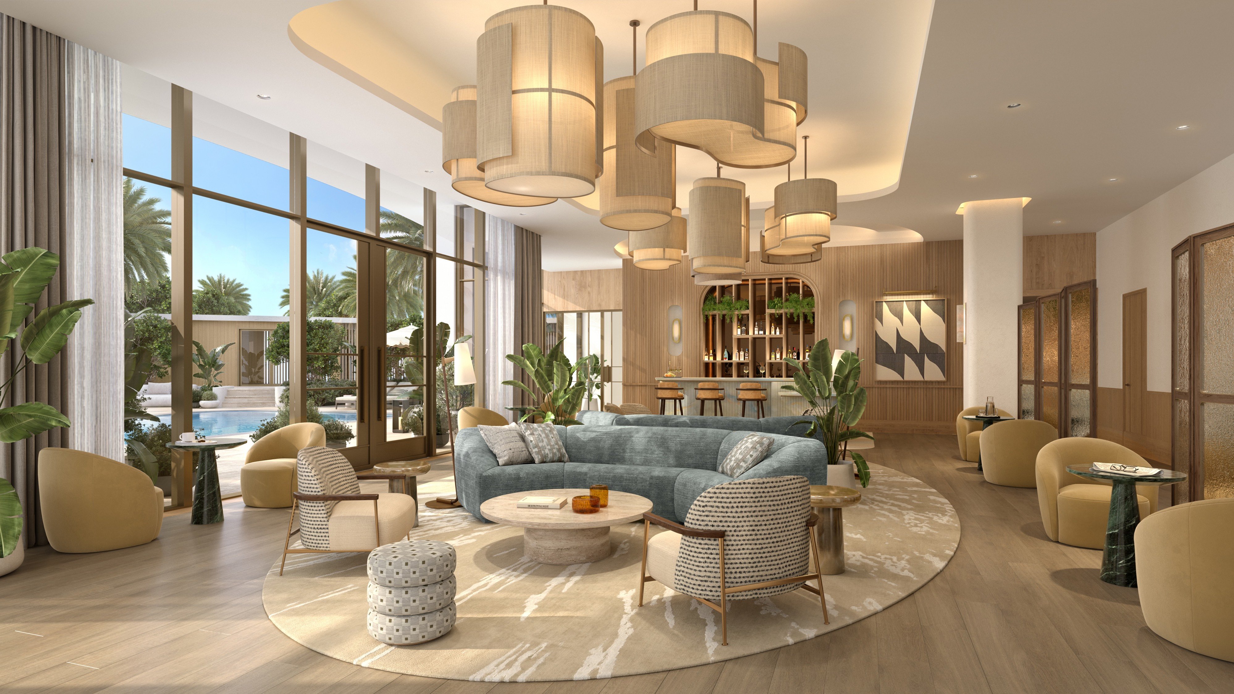 St. Regis Bahia Mar Residences lounge interior, Fort Lauderdale; luxury social space for ultra luxury condos, preconstruction at Bahia Mar. Featuring design.