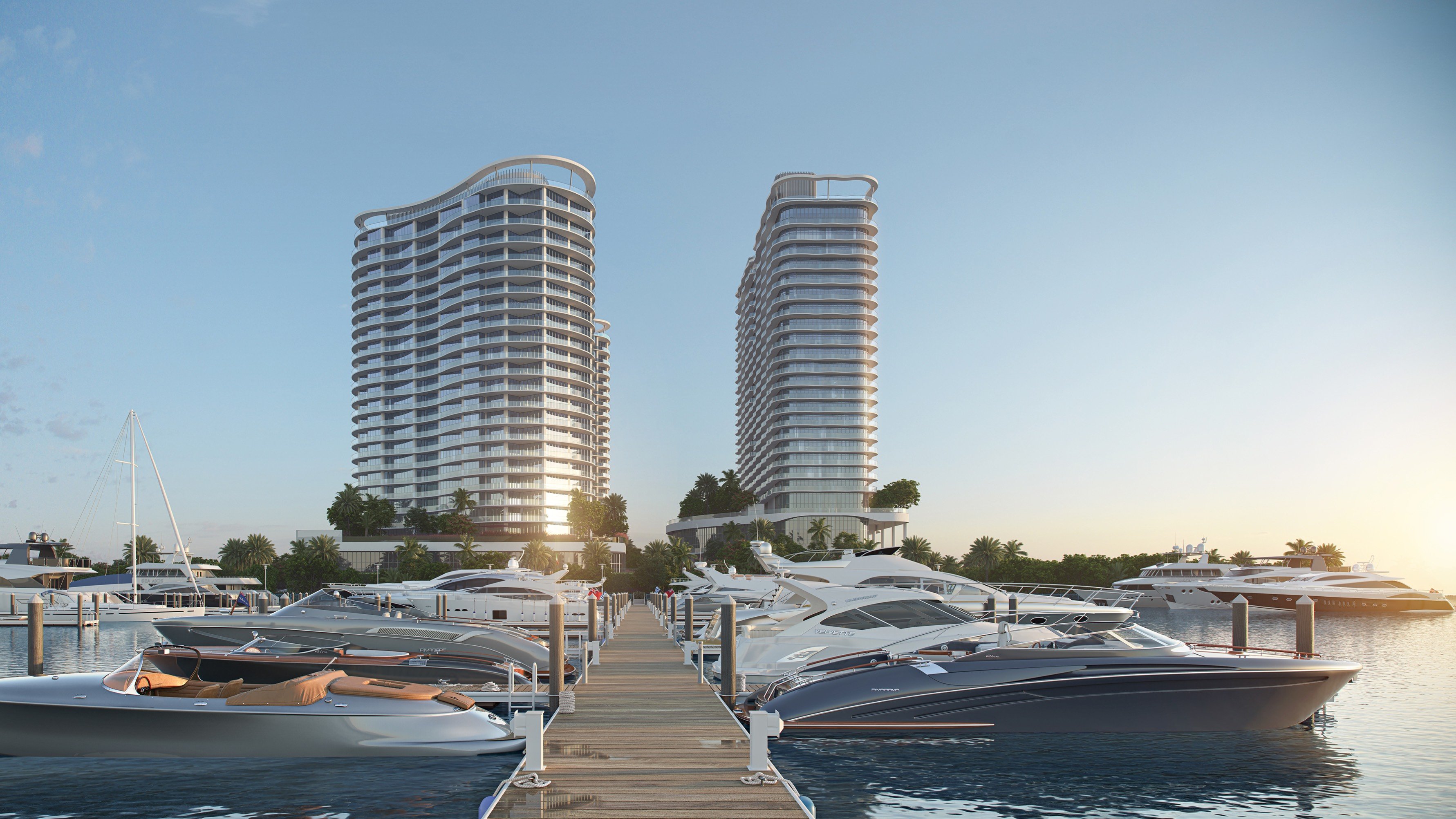 St. Regis Bahia Mar Residences overlooking Bahia Mar Marina at sunset, Fort Lauderdale; luxury lifestyle for ultra luxury condos, preconstruction by the waterfront.