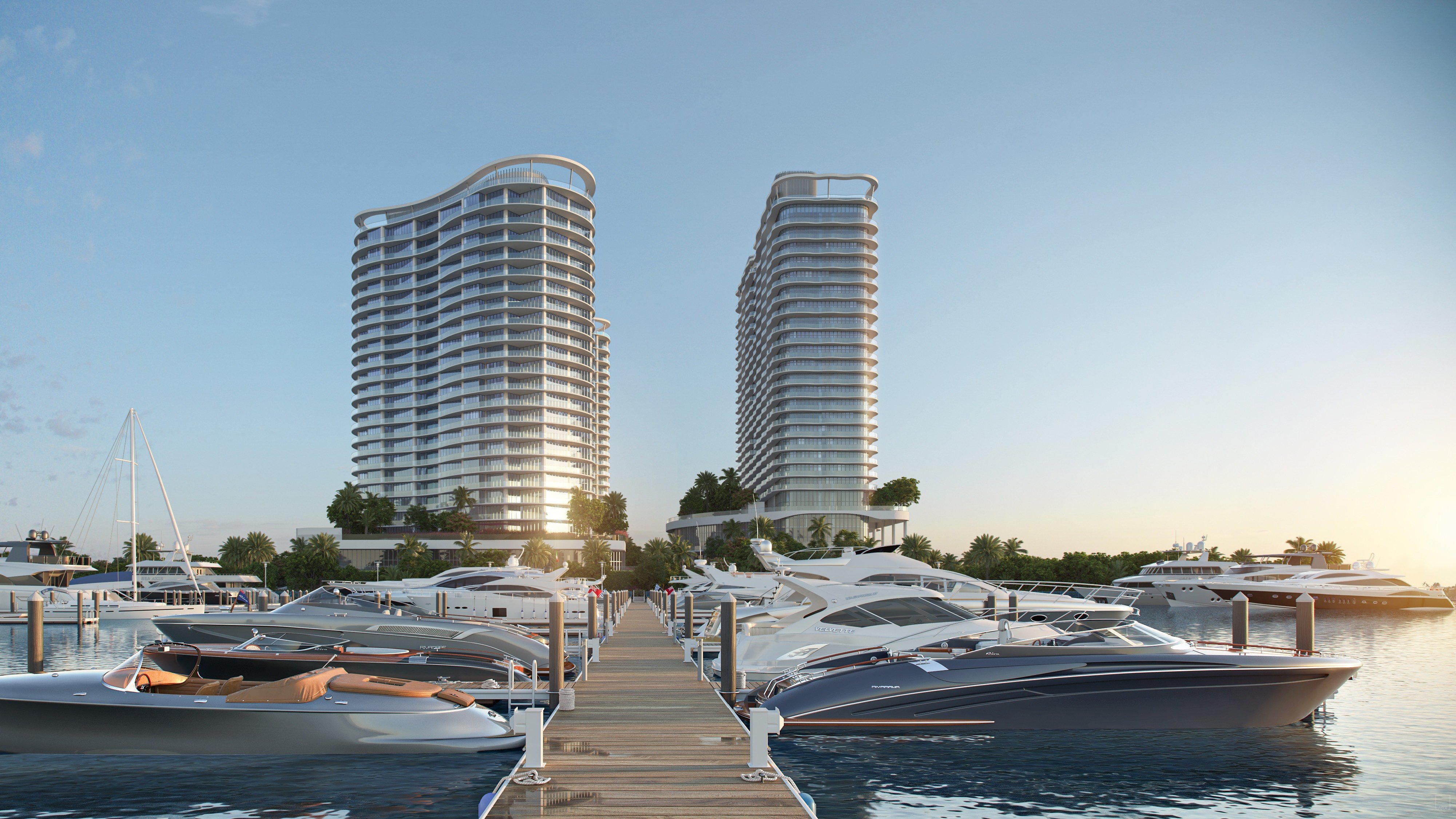 St. Regis Bahia Mar Residences by Bahia Mar Marina with luxury yachts, Fort Lauderdale; luxury waterfront living for ultra luxury condos, preconstruction. Featuring skyline and boats.
