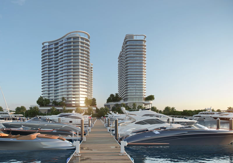St. Regis Bahia Mar Residences by Bahia Mar Marina with luxury yachts, Fort Lauderdale; luxury waterfront living for ultra luxury condos, preconstruction. Featuring skyline and boats.