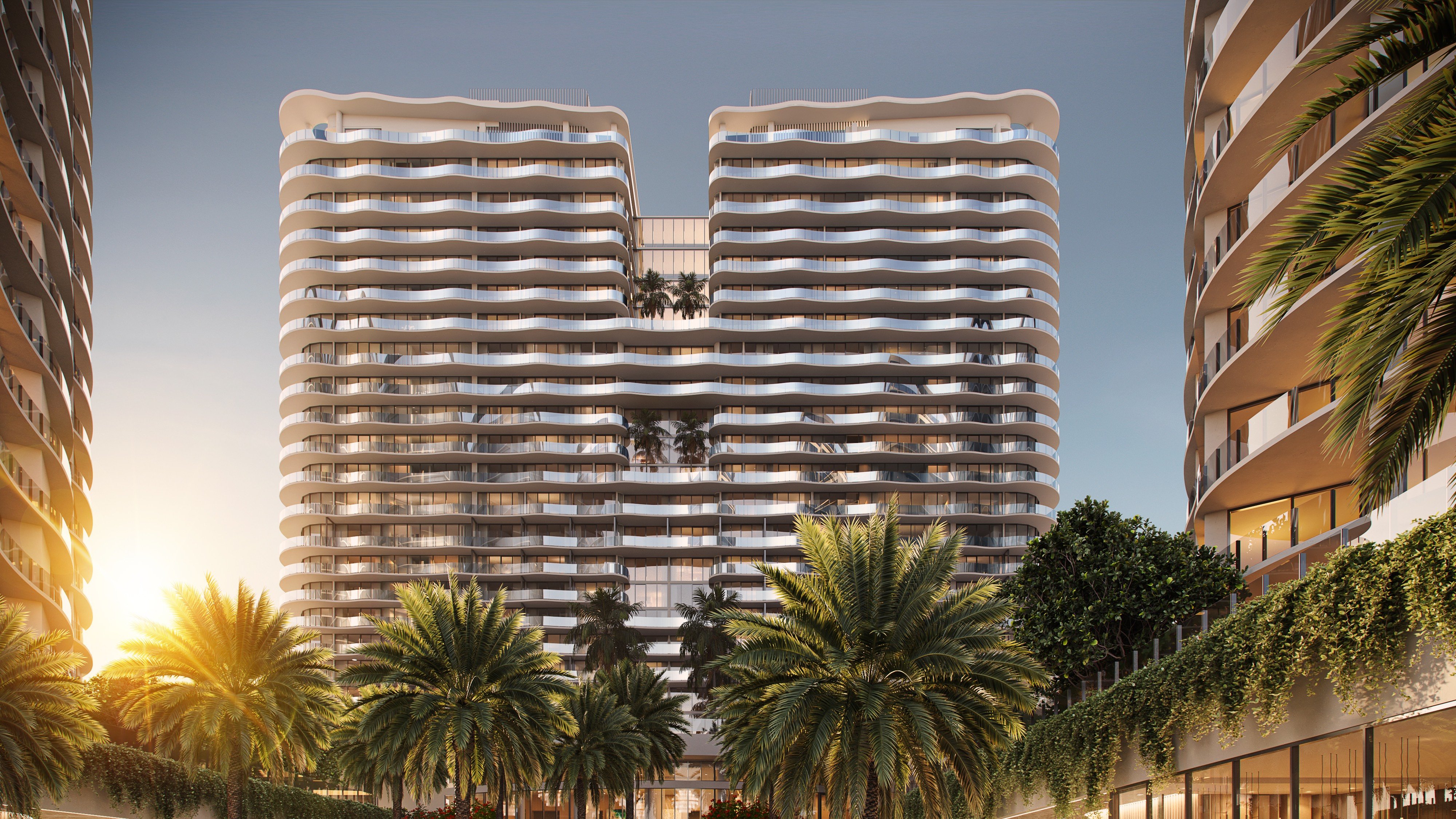 St. Regis Bahia Mar Residences modern tower with palms at sunset, Fort Lauderdale Beach; luxury architecture for ultra luxury condos, preconstruction. Featuring architectural, building, and palm trees.