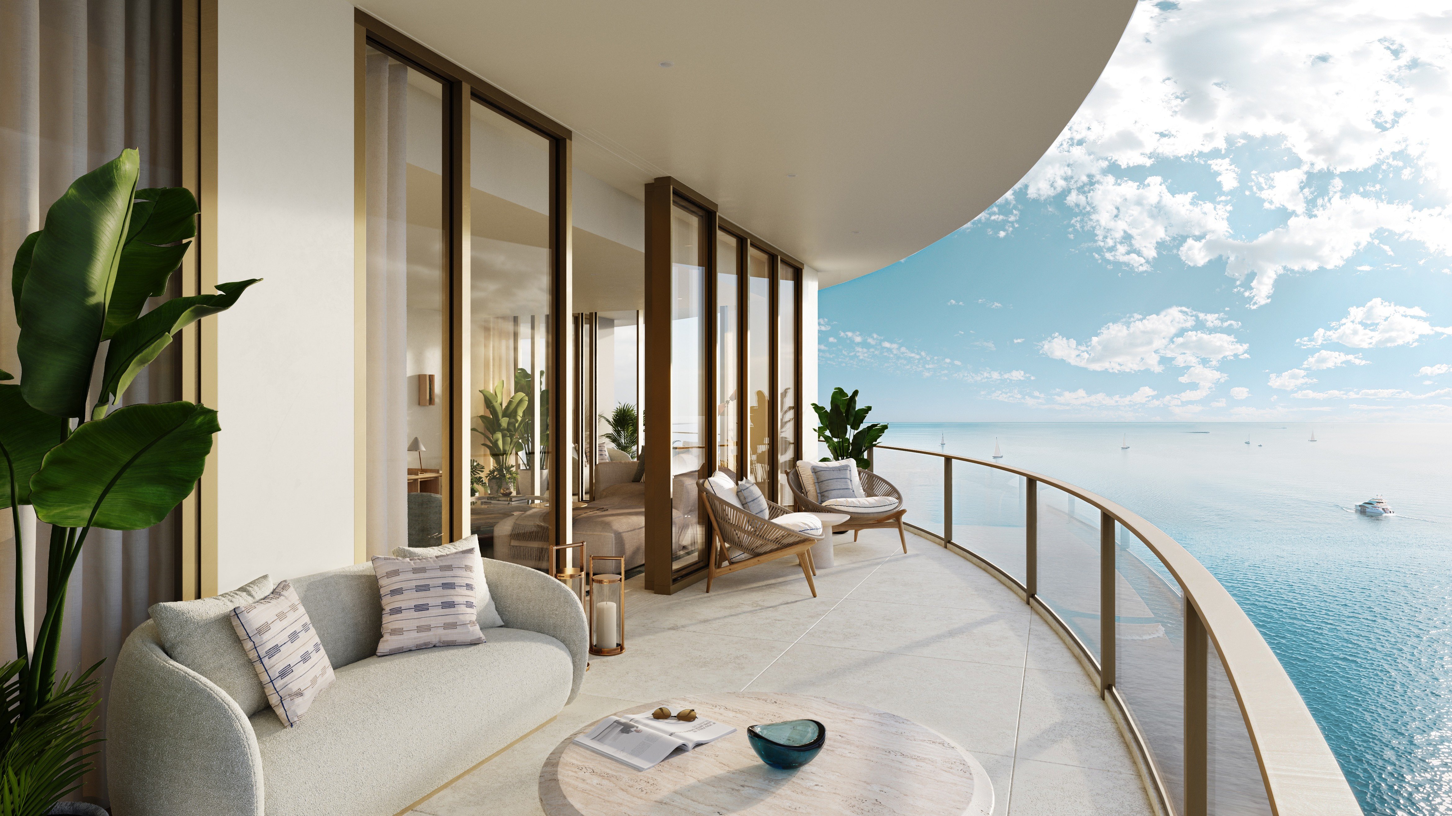 St. Regis Bahia Mar Residences balcony with sea view in Fort Lauderdale; luxury outdoor living for ultra luxury condos, preconstruction at Bahia Mar. Featuring modern.