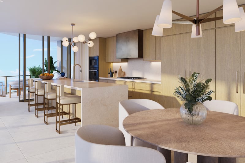 St. Regis Bahia Mar Residences kitchen with ocean view, Fort Lauderdale Beach; luxury gourmet space for ultra luxury condos, preconstruction. Featuring modern interior.