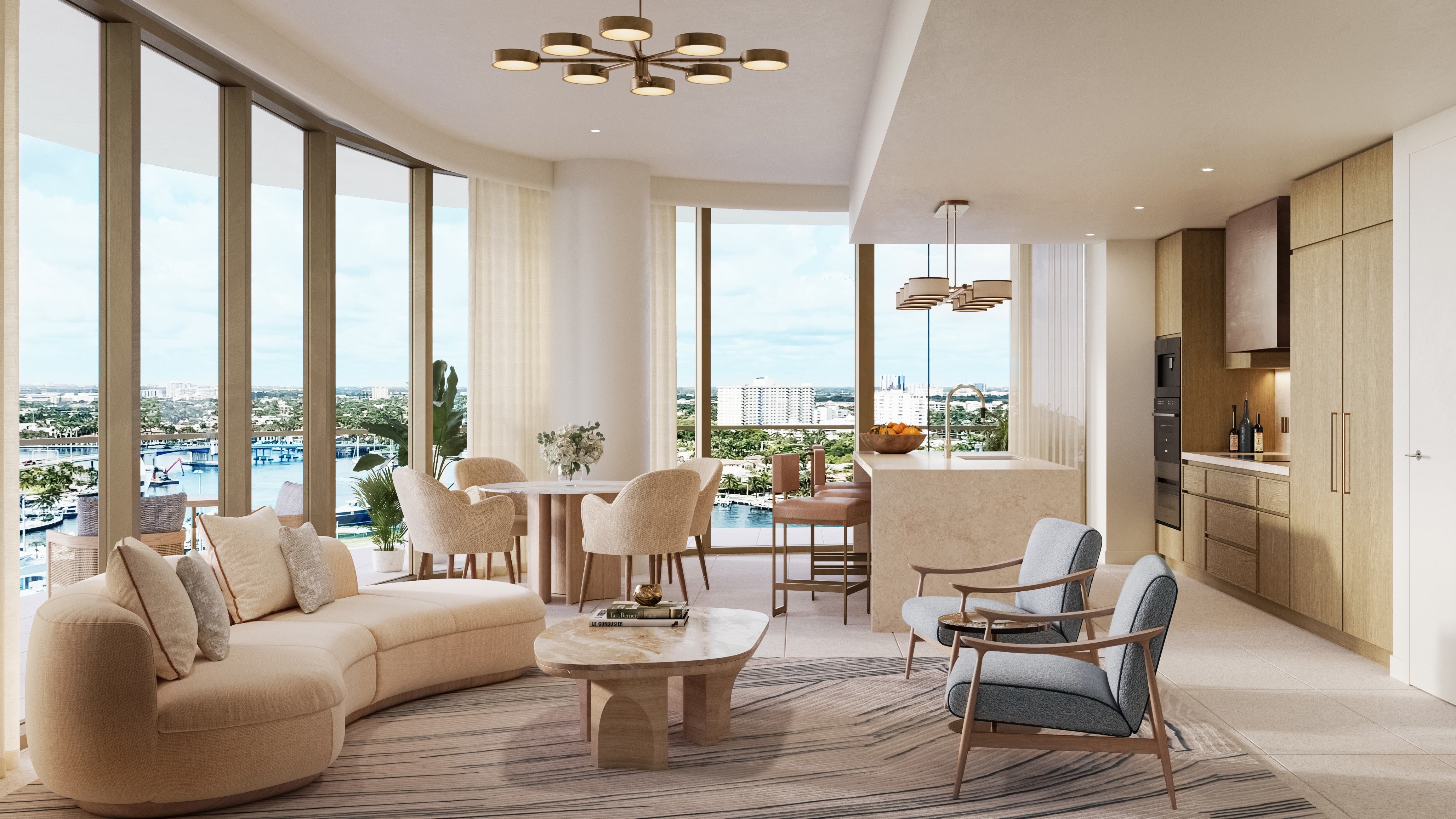 St. Regis Bahia Mar Residences living room with waterfront view, Fort Lauderdale Beach; luxury interiors for ultra luxury condos, preconstruction. Featuring modern.