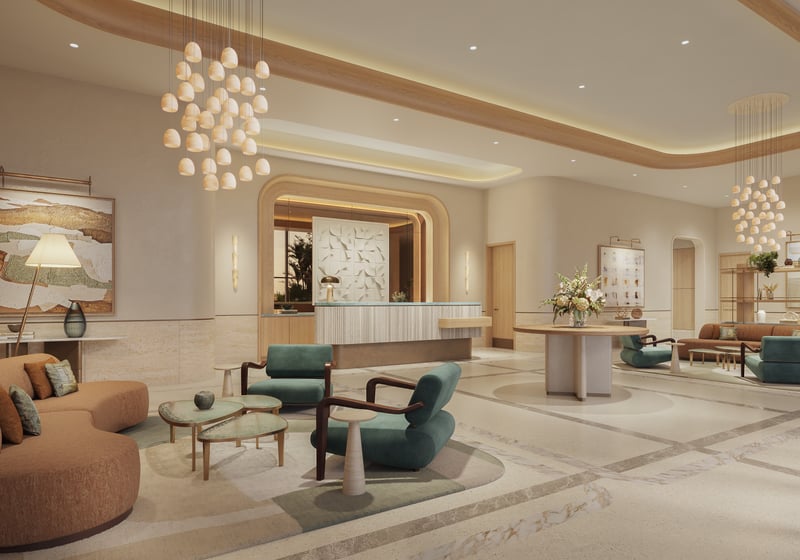 St. Regis Bahia Mar Residences grand lobby, Fort Lauderdale; luxury arrival for ultra luxury condos, preconstruction at Bahia Mar Marina. Featuring modern interior design.