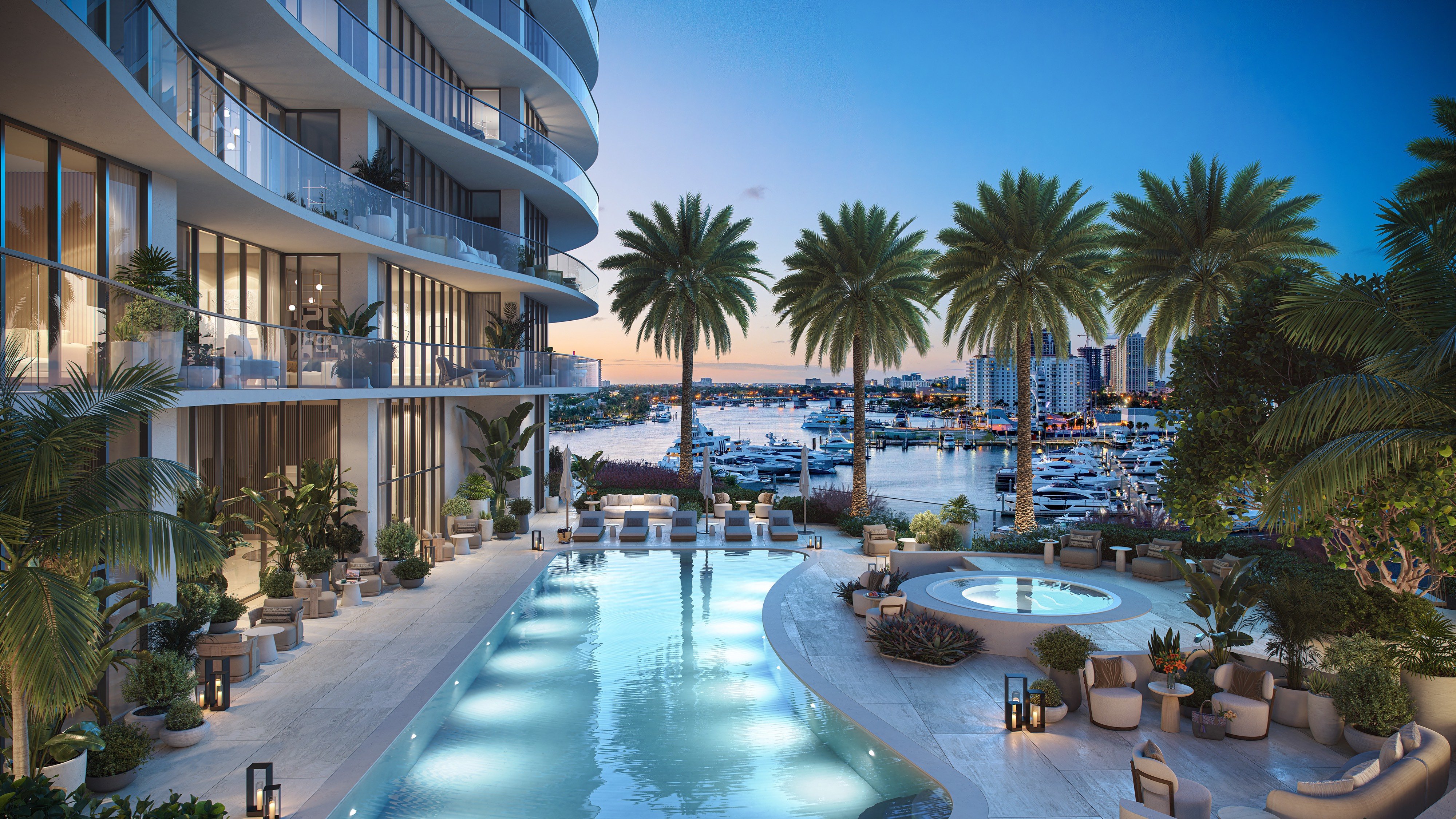 St. Regis Bahia Mar Residences waterfront pool at sunset, Fort Lauderdale Beach; luxury resort amenity for ultra luxury condos, preconstruction. Featuring modern and view.