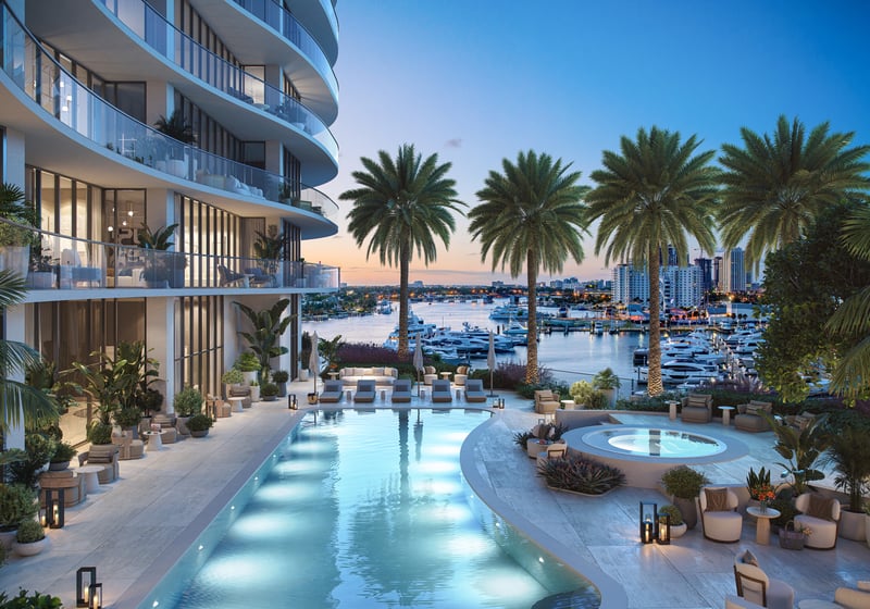 St. Regis Bahia Mar Residences waterfront pool at sunset, Fort Lauderdale Beach; luxury resort amenity for ultra luxury condos, preconstruction. Featuring modern and view.