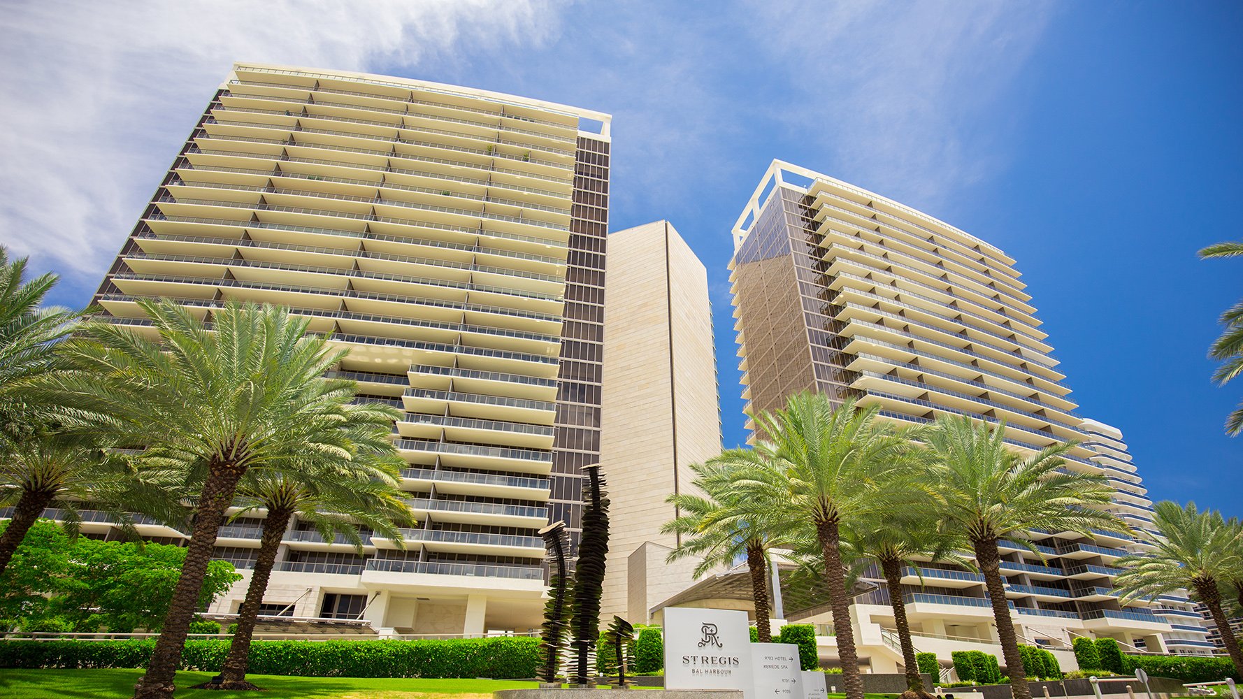 St. Regis Bal Harbour building exterior on the ocean. Bal Harbour, Florida, iconic ultra luxury and luxury condos; prime resale.