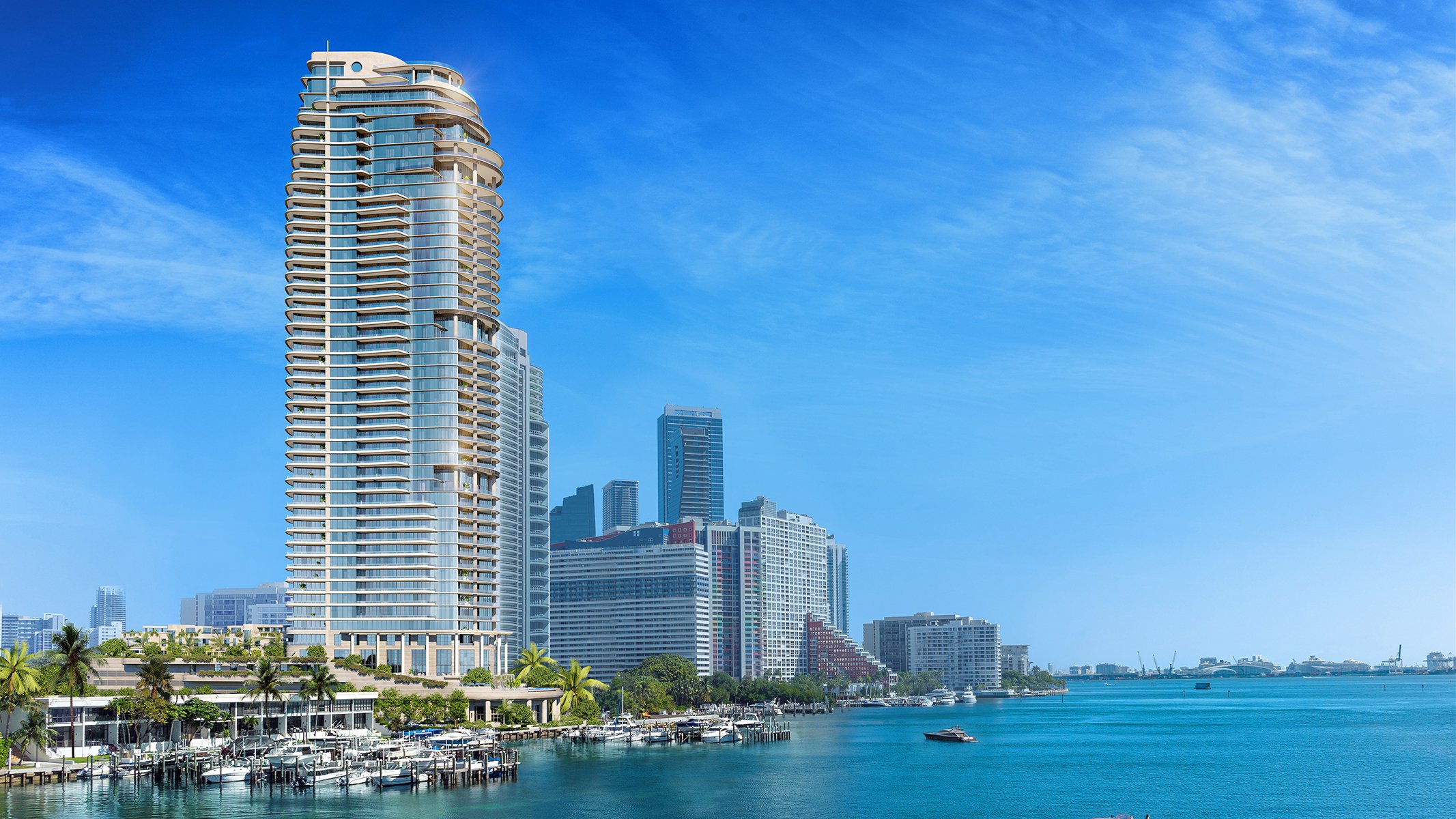 St. Regis Brickell tower on Biscayne Bay. Brickell, Miami skyline and waterfront, signature luxury and ultra luxury condos; preconstruction. Featuring cityscape, modern, and building.