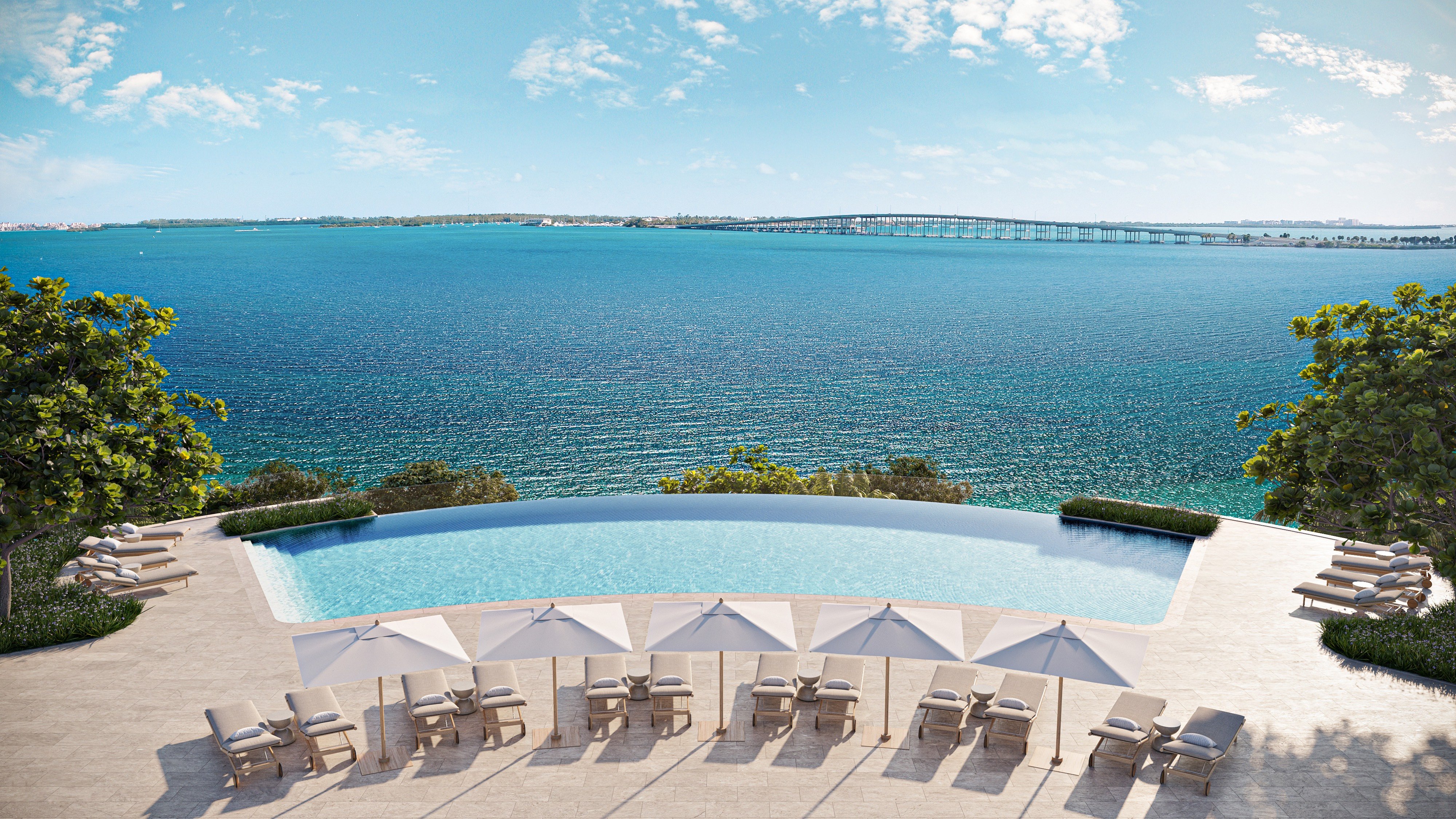 St. Regis Brickell infinity pool with ocean view—Brickell, Miami—resort amenity for luxury and ultra luxury condos; preconstruction.
