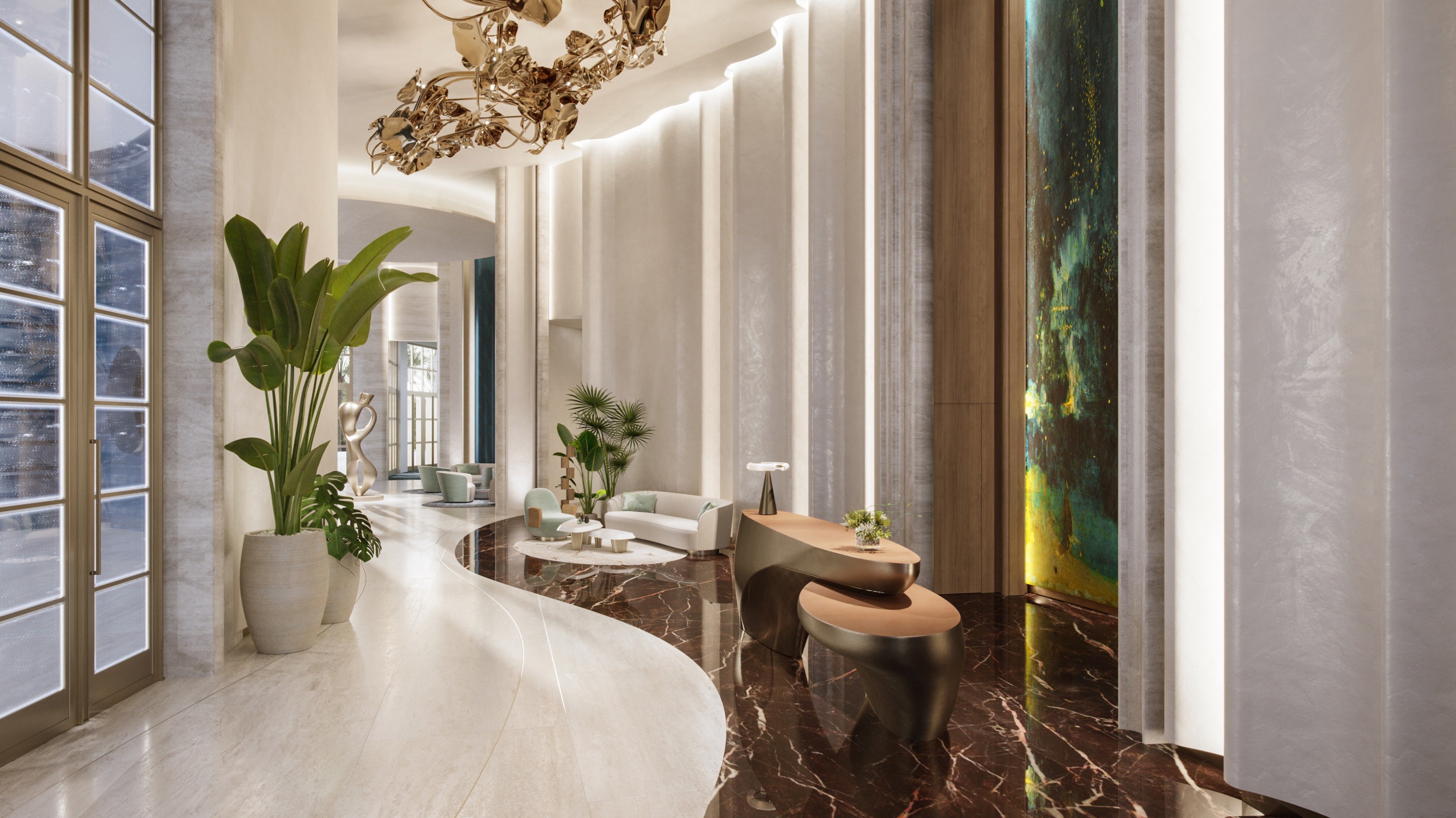 St. Regis Brickell grand lobby interior. Brickell, Miami, hotel‑level arrival for luxury and ultra luxury condos; preconstruction. Featuring luxurious.