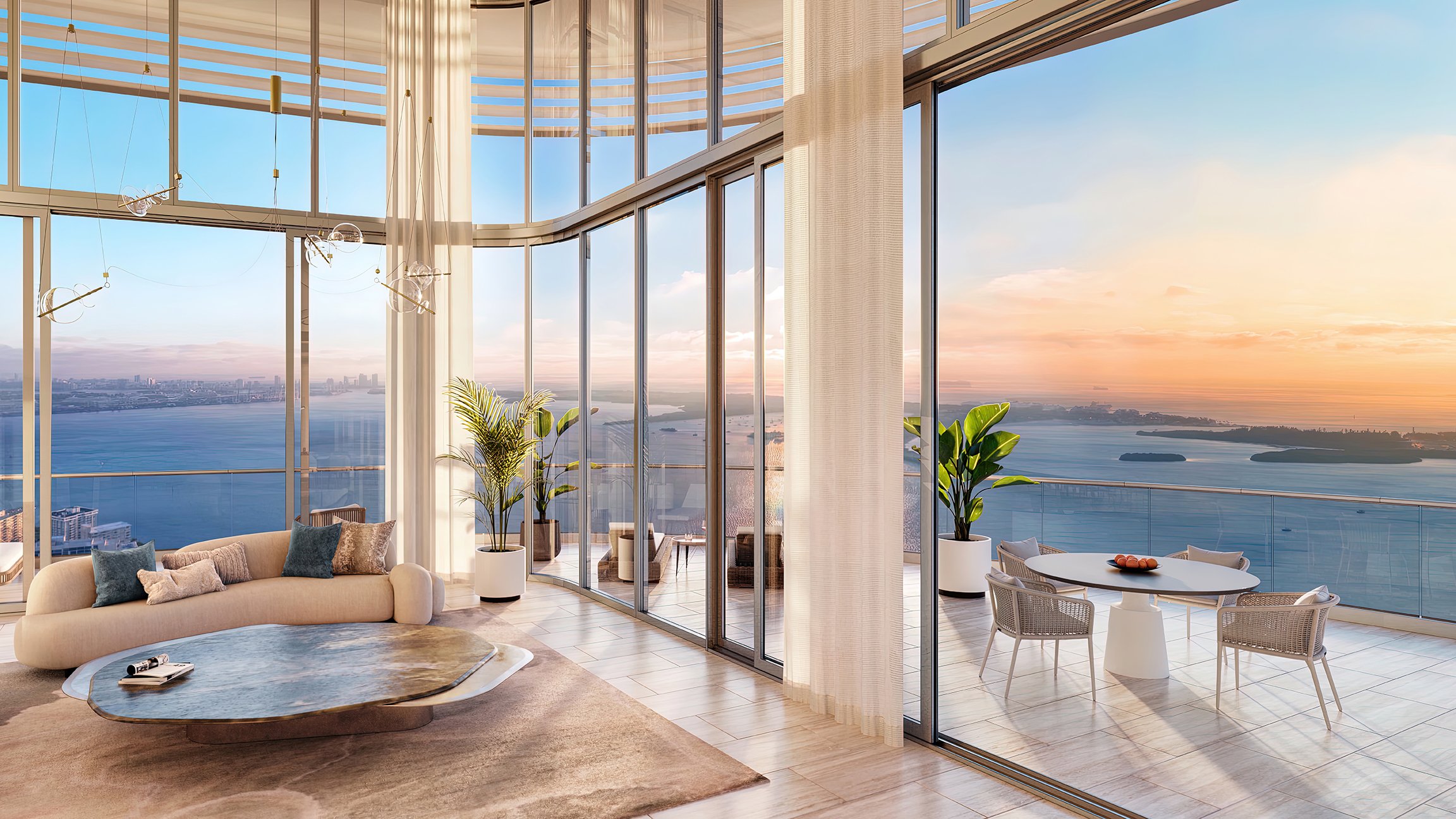 St. Regis Brickell living space with ocean view at sunset—Brickell, Miami—refined interiors in luxury and ultra luxury condos; preconstruction.