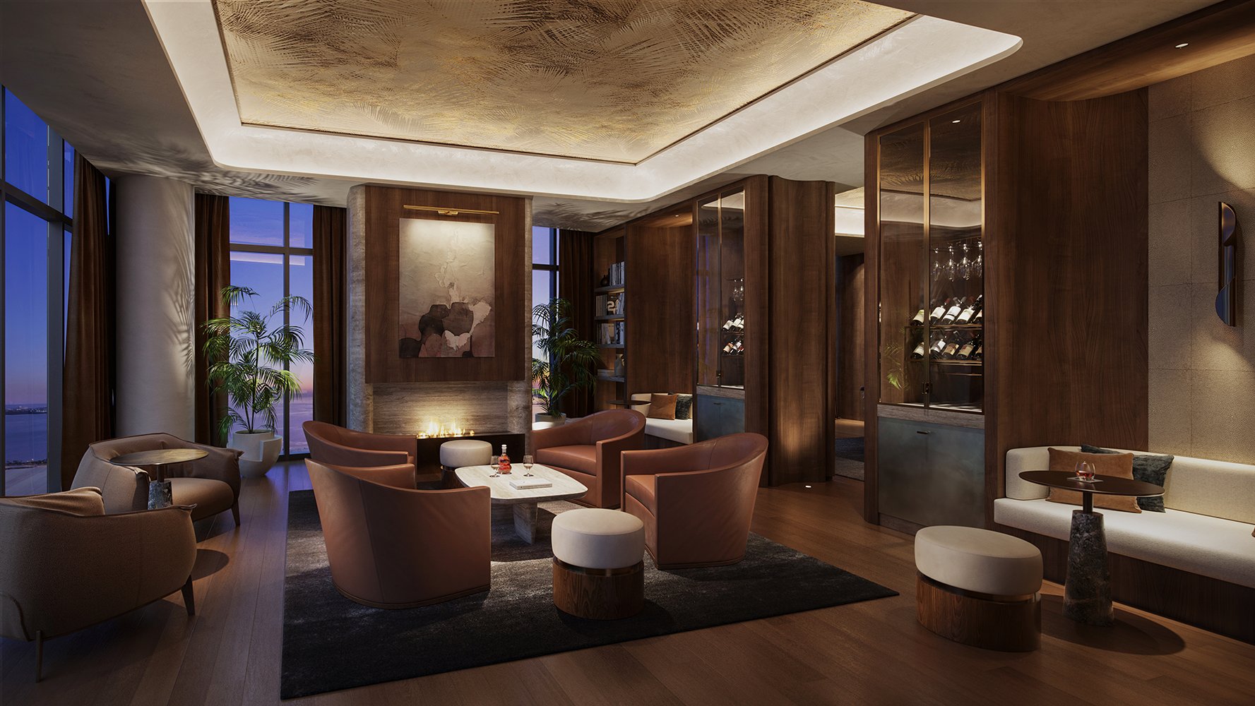 St. Regis Brickell luxurious lounge interior. Brickell, Miami, private club atmosphere for luxury and ultra luxury condos; preconstruction.