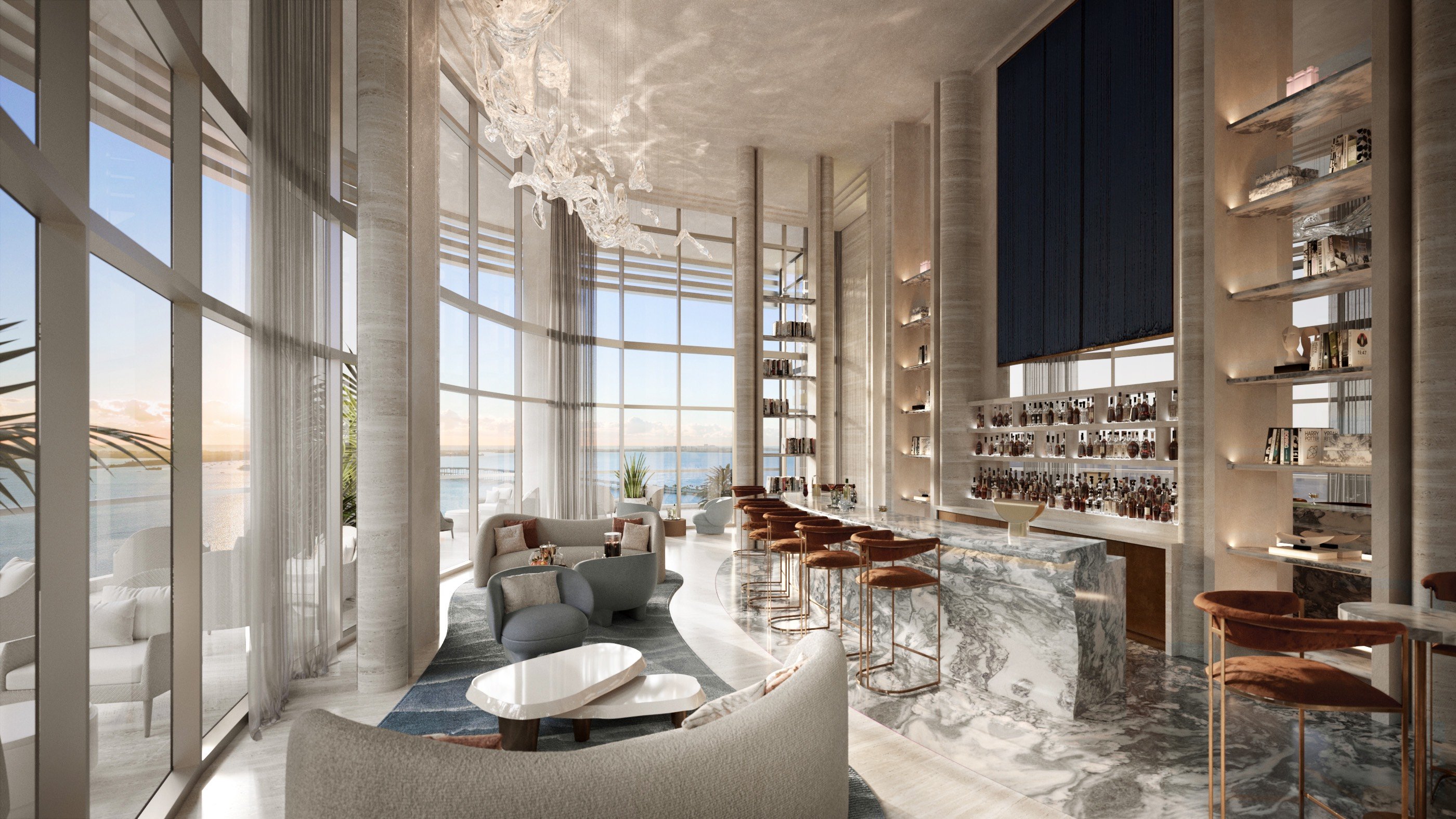 St. Regis Brickell bar lounge with ocean view. Brickell, Miami, signature social space for luxury and ultra luxury condos; preconstruction. Featuring interior.