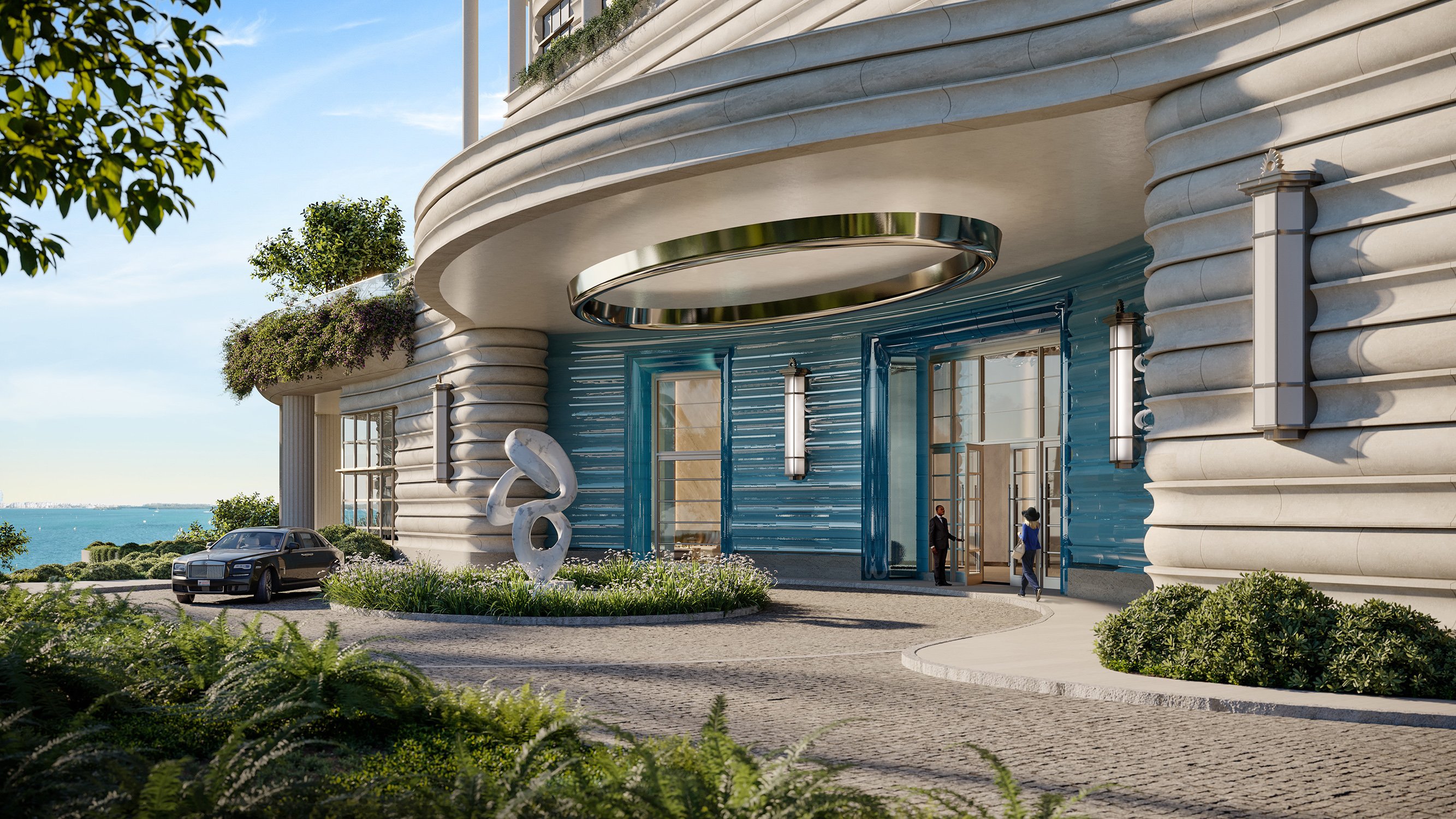 St. Regis Brickell hotel‑style entrance with ocean view. Brickell, Miami, elegant arrival for luxury and ultra luxury condos; preconstruction.