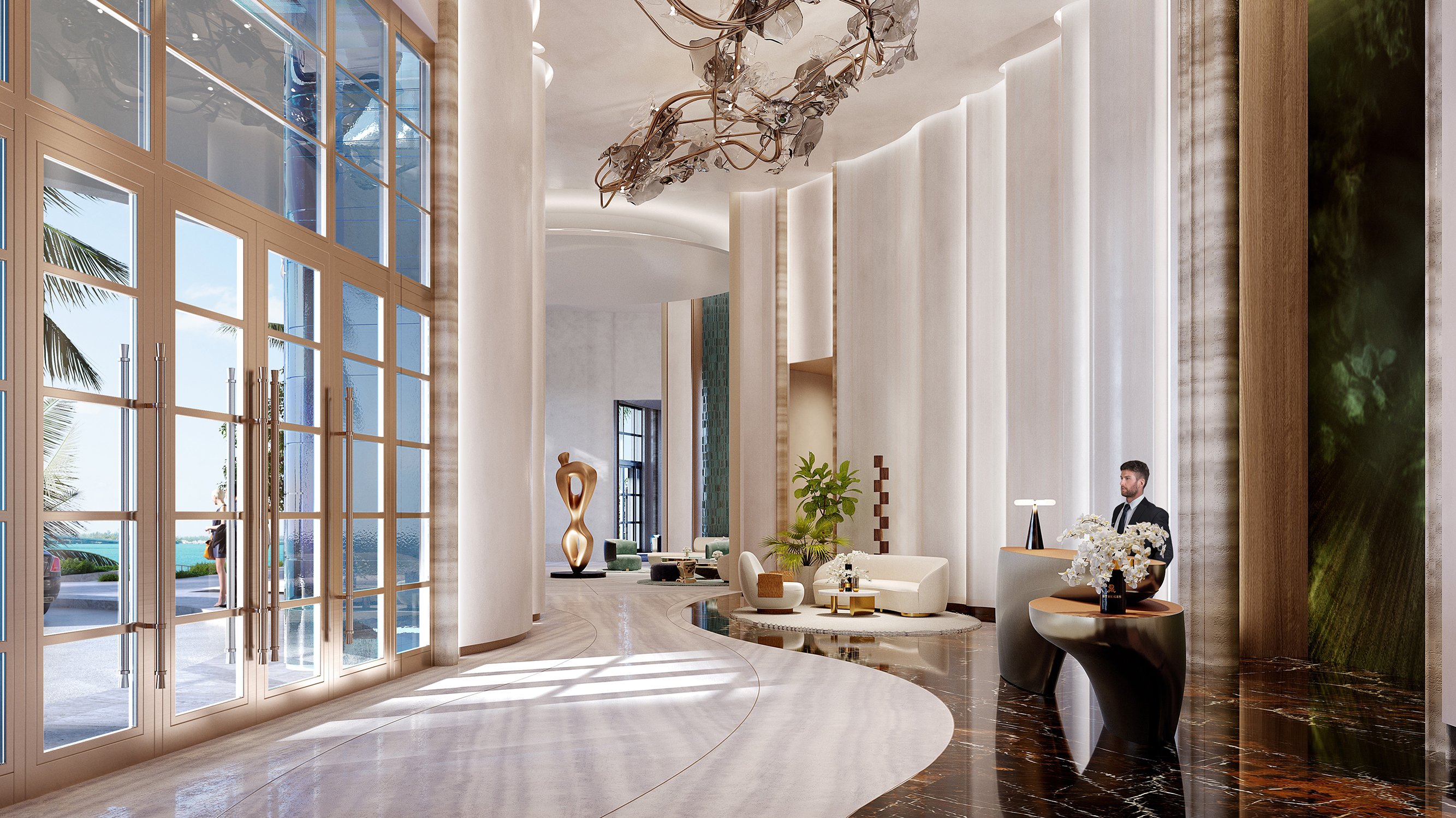 St. Regis Brickell, Brickell Miami grand lobby interior with sculptural design, elegant arrival for luxury and ultra luxury condos; preconstruction. Featuring hotel.