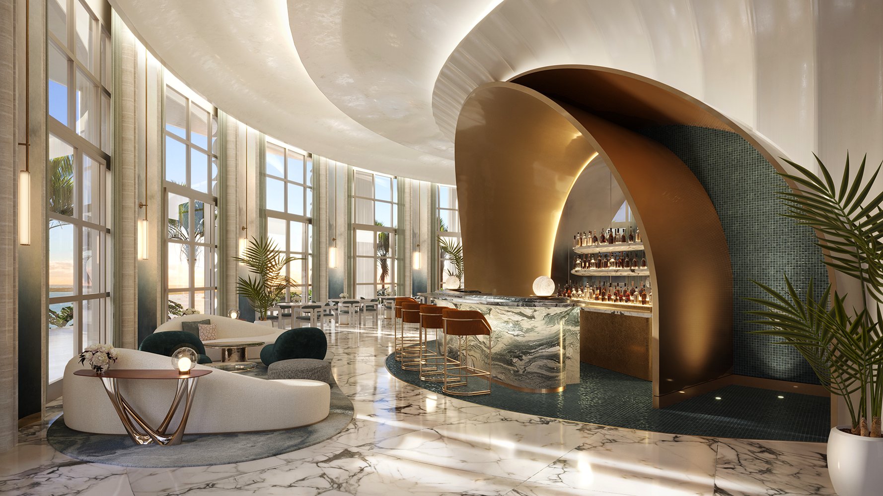 St. Regis Brickell, Brickell Miami lounge interior with plush seating, quiet retreat for luxury and ultra luxury condos; preconstruction. Featuring hotel.