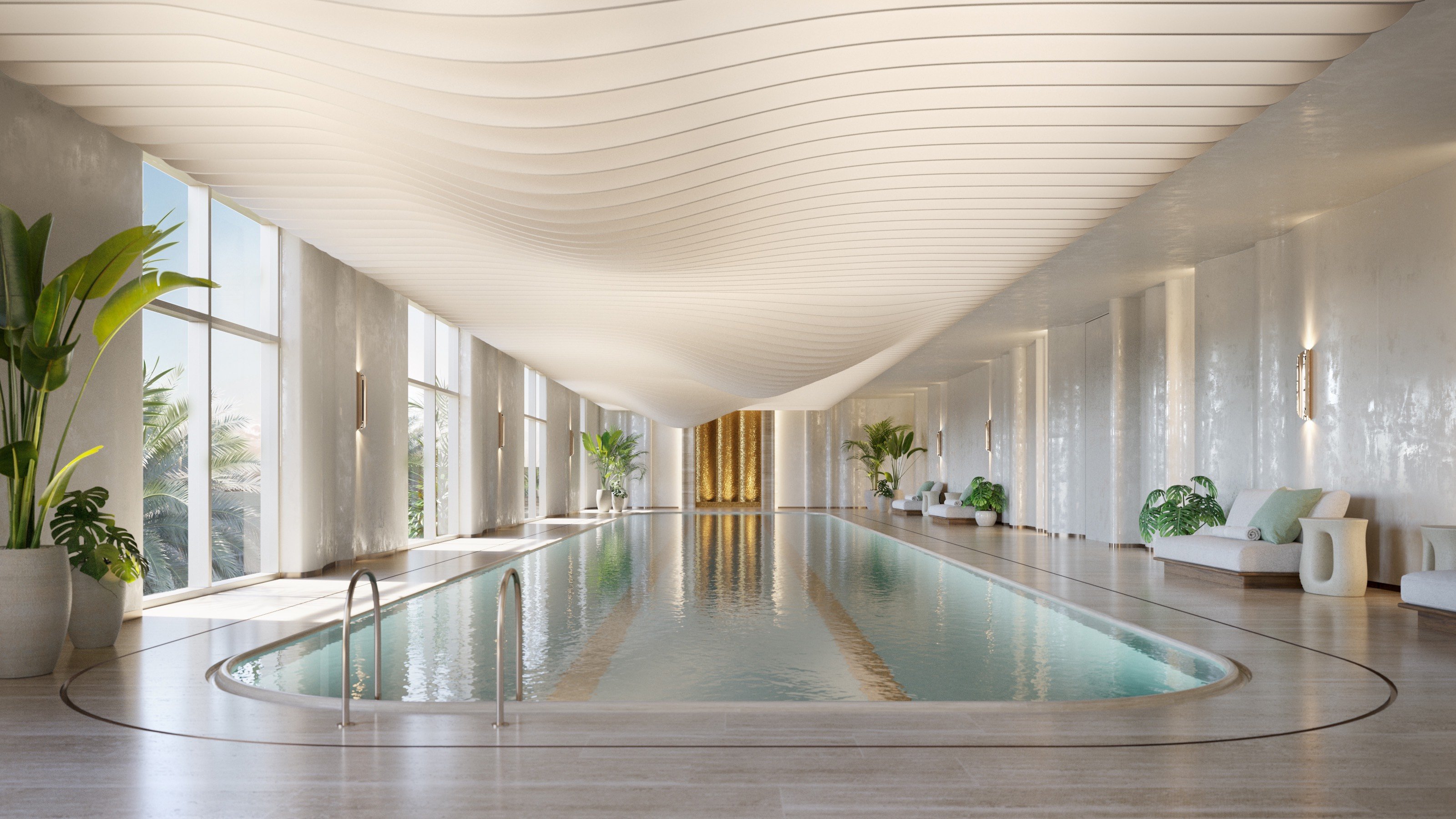 St. Regis Brickell, Brickell Miami indoor spa pool and cabanas, serene wellness amenity for luxury and ultra luxury condos; preconstruction. Featuring modern.