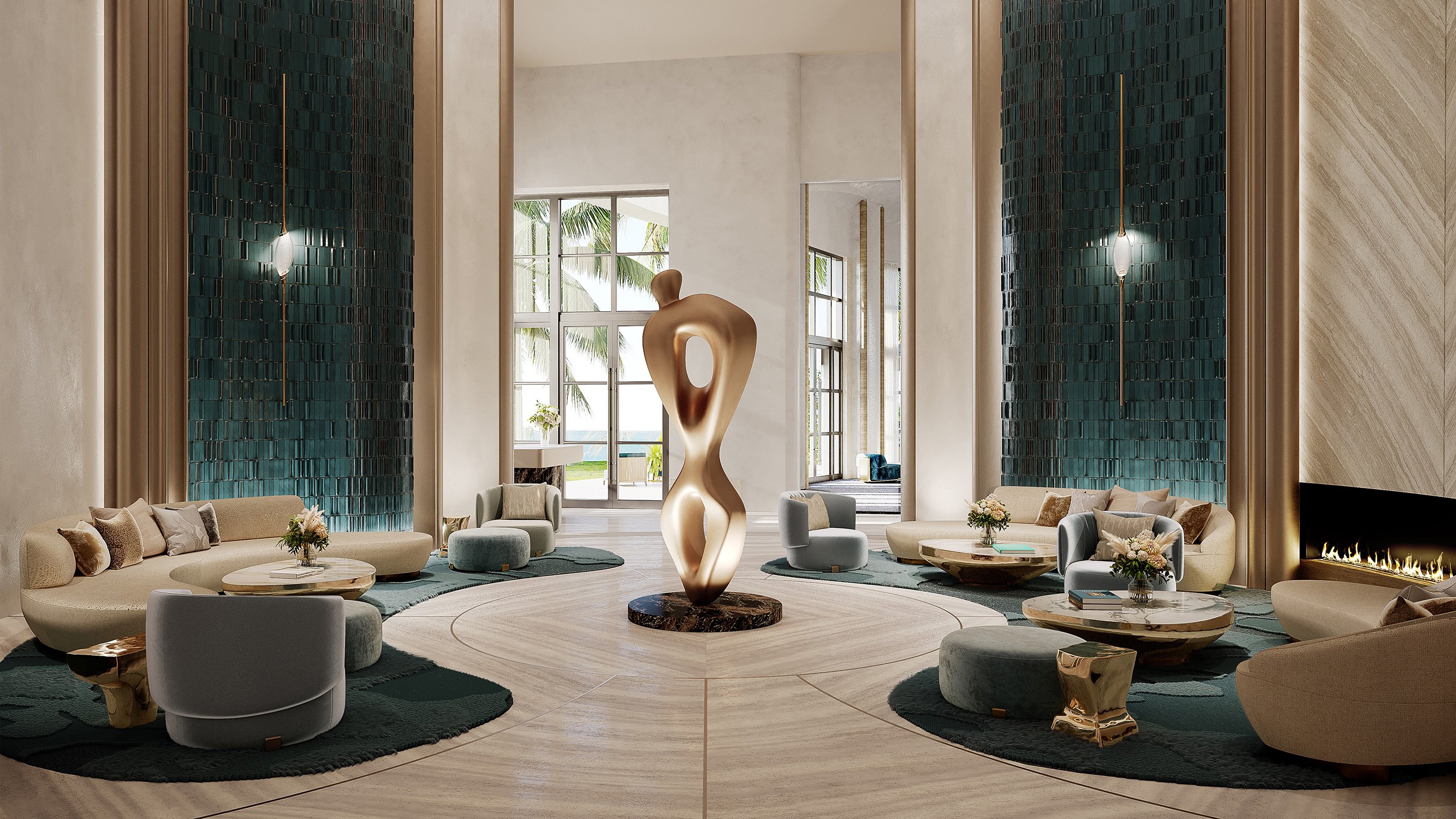 St. Regis Brickell, Brickell Miami lobby with statement sculpture and marble, refined entrance for luxury and ultra luxury condos; preconstruction. Featuring interior.
