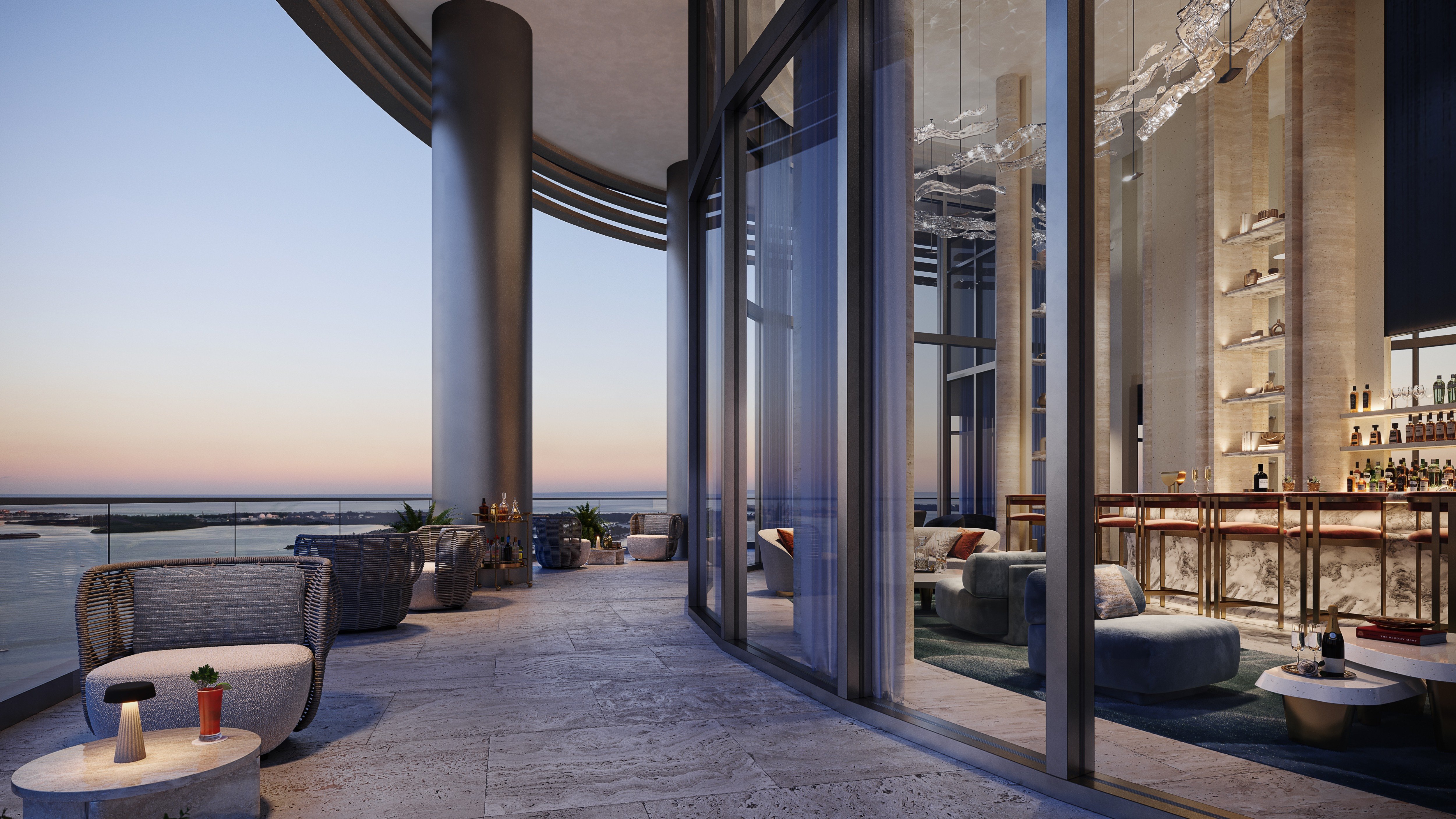 St. Regis Brickell, Brickell Miami penthouse balcony at evening with skyline and bay, signature views for luxury and ultra luxury condos; preconstruction. Featuring view.