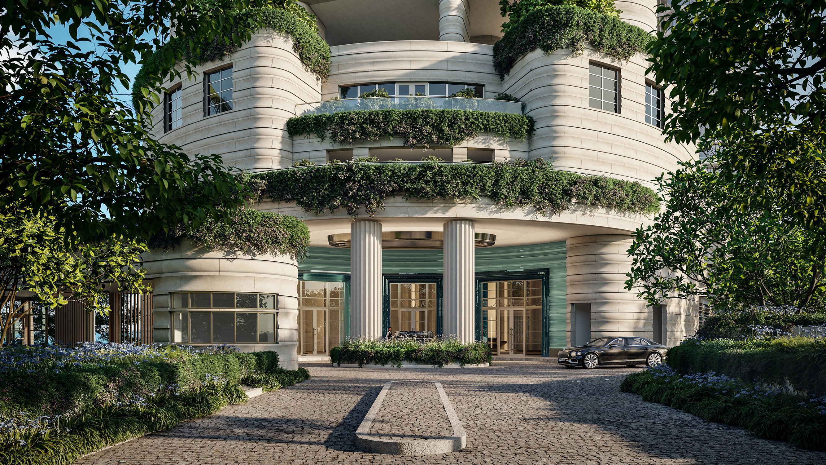 St. Regis Brickell, Brickell Miami modern architecture entrance, porte‑cochère arrival for luxury and ultra luxury condos; preconstruction. Featuring building.