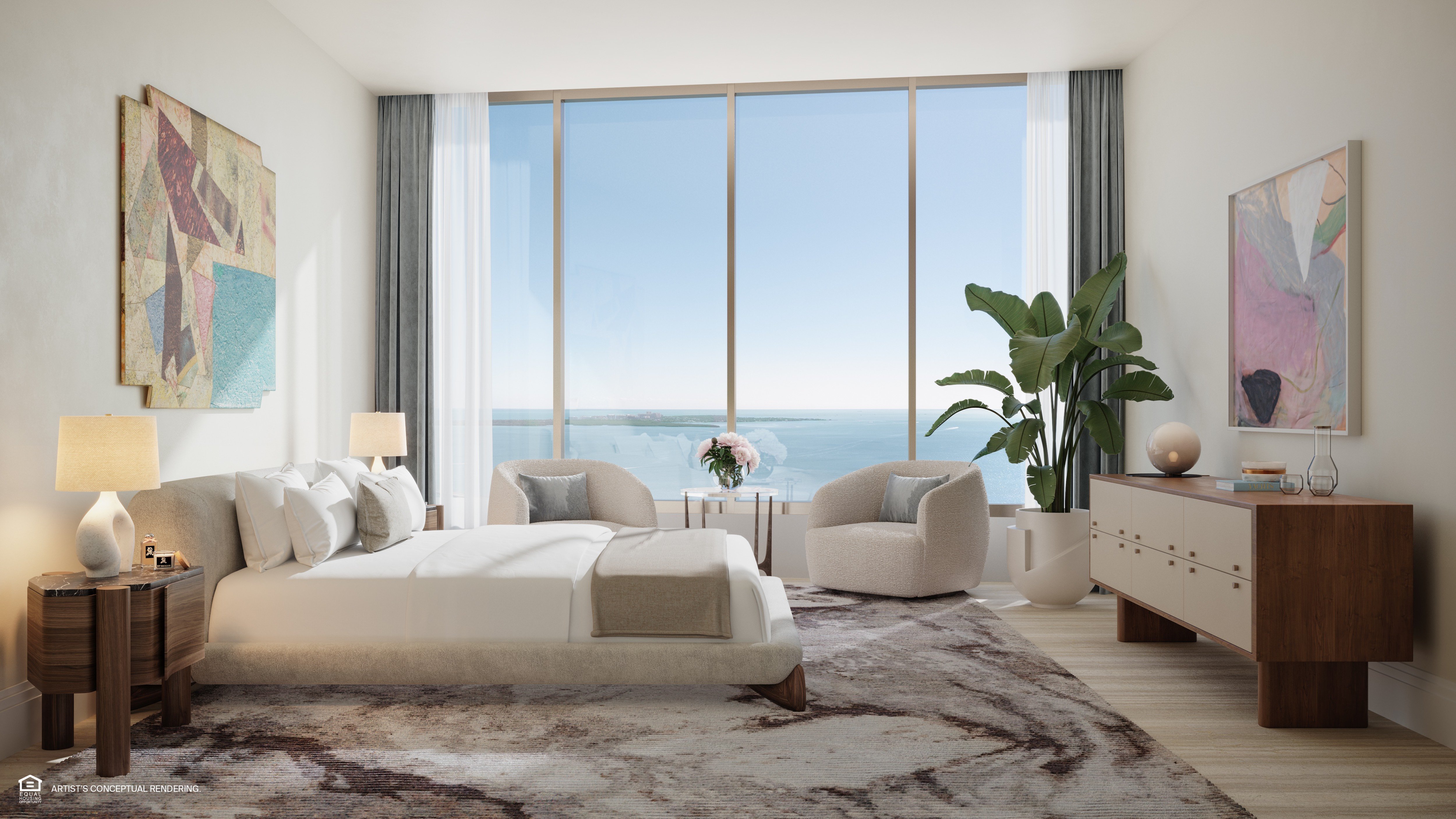 St. Regis Brickell, Brickell Miami bedroom with bay view, quiet retreat within luxury and ultra luxury condos; preconstruction. Featuring modern and seaside.