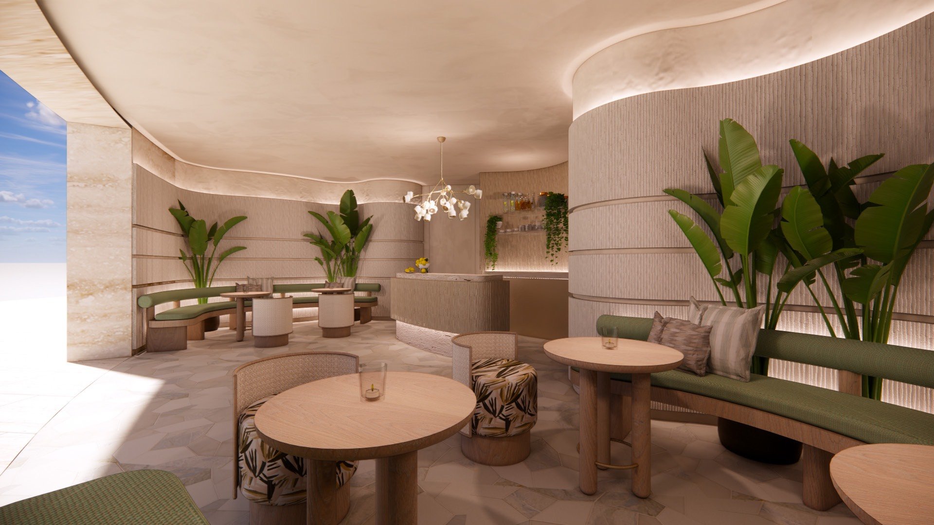 St. Regis Brickell, Brickell Miami modern café interior, hotel‑style dining for luxury and ultra luxury condos; preconstruction. Featuring cafe and design.