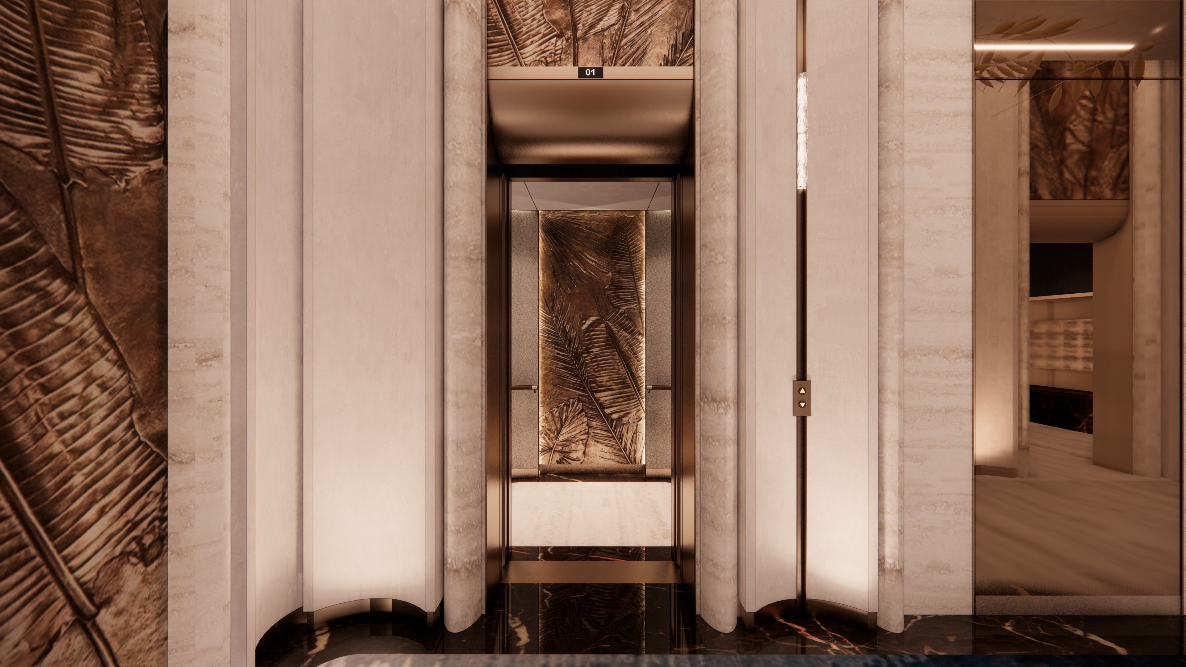 St. Regis Brickell, Brickell Miami modern elevator interior, bespoke finishes serving luxury and ultra luxury condos; preconstruction. Featuring design.