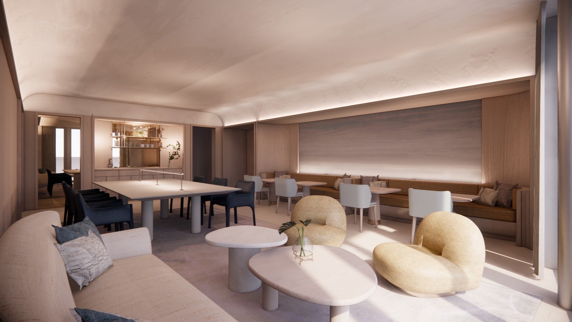 St. Regis Brickell, Brickell Miami lounge with contemporary seating and warm lighting, amenity space for luxury and ultra luxury condos; preconstruction on Biscayne Bay. Featuring modern interior design.
