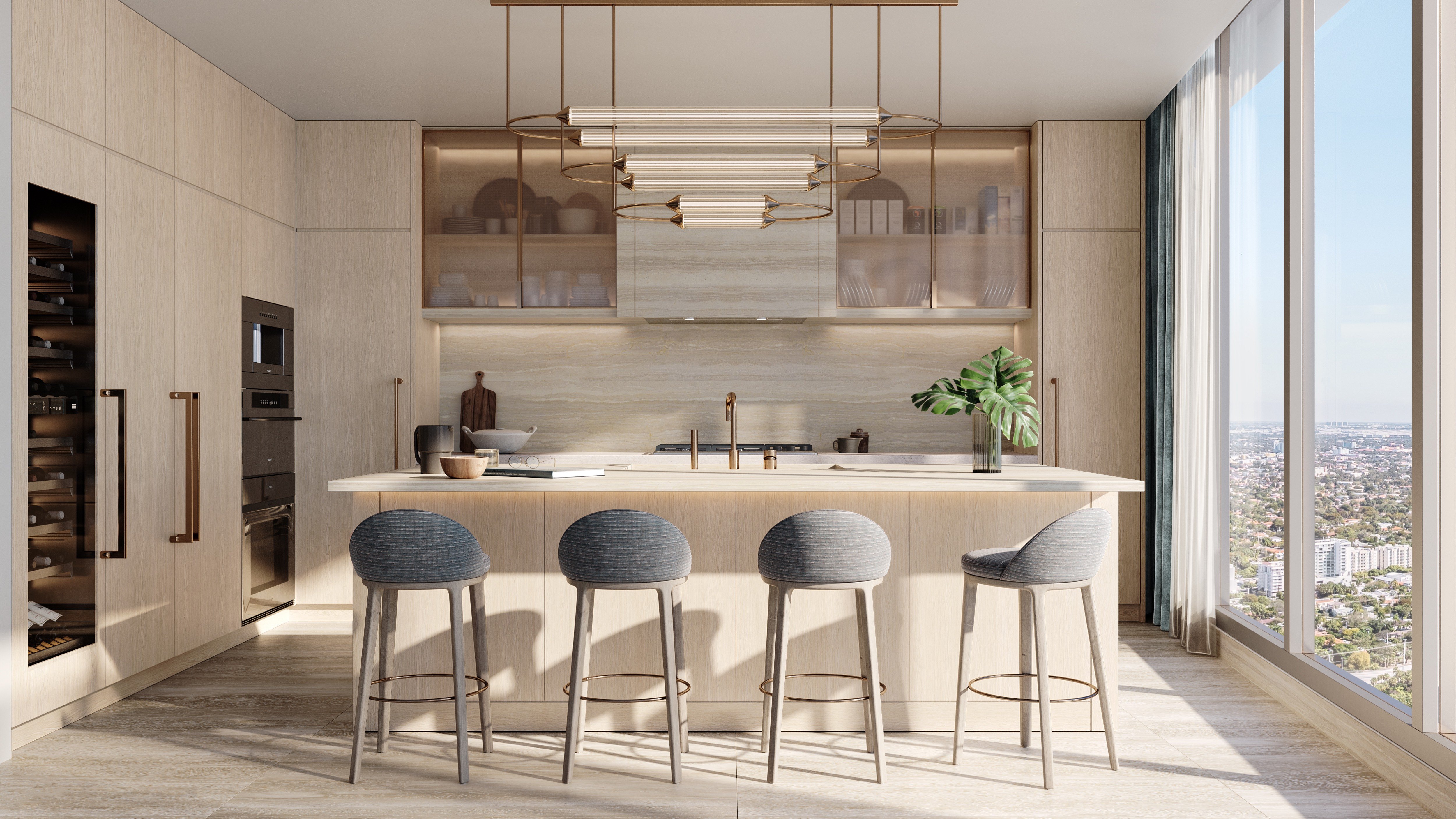 St. Regis Brickell, Brickell Miami modern kitchen with marble island and integrated appliances, chef‑ready layout in luxury and ultra luxury condos; preconstruction. Featuring interior design.