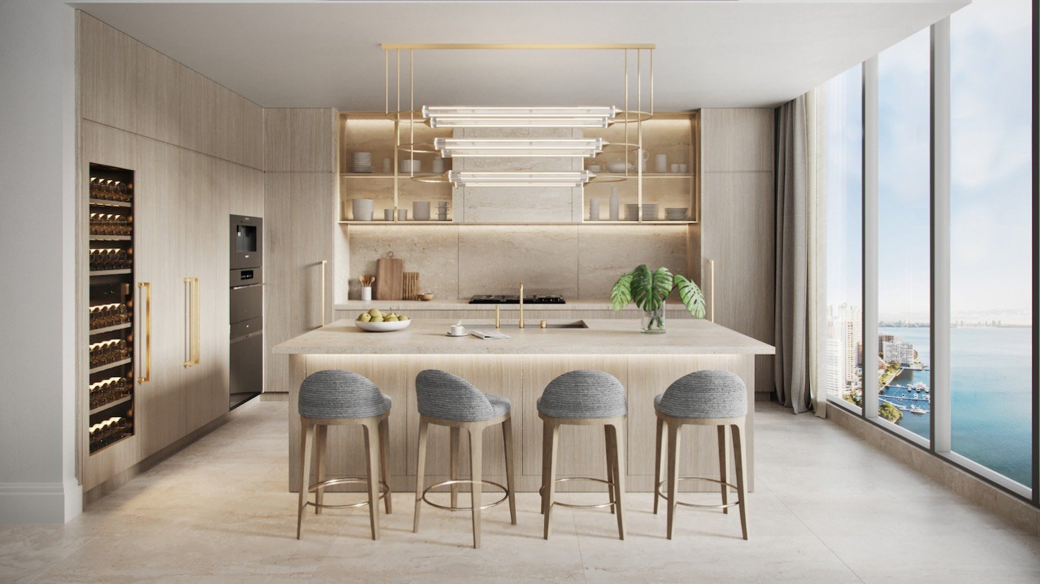 St. Regis Brickell, Brickell Miami kitchen with waterfront view and sleek cabinetry, elevated finishes in luxury and ultra luxury condos; preconstruction. Featuring modern interior.