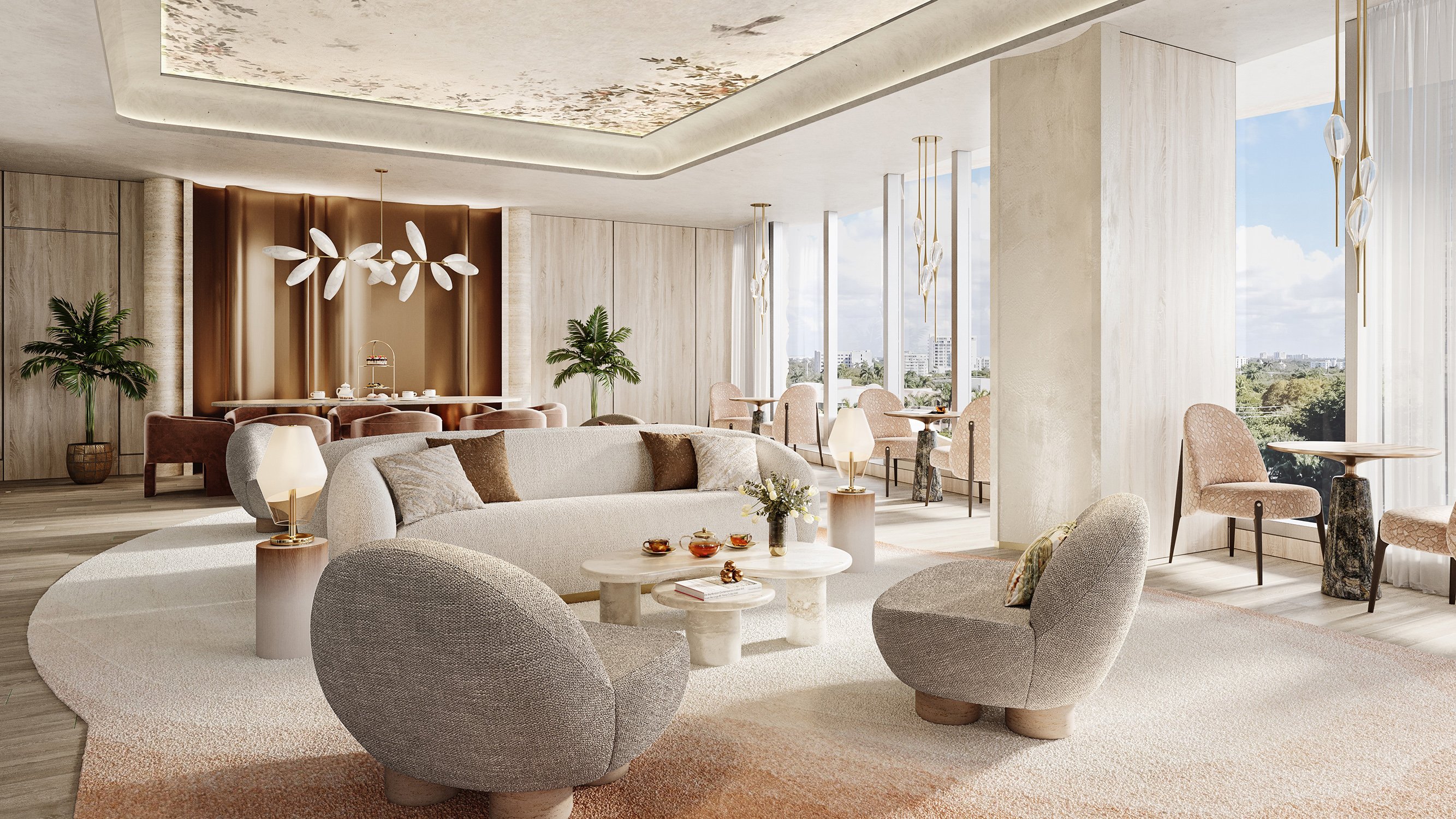 St. Regis Brickell, Brickell Miami modern living room with designer lighting and textures—refined interiors in luxury and ultra luxury condos; preconstruction.