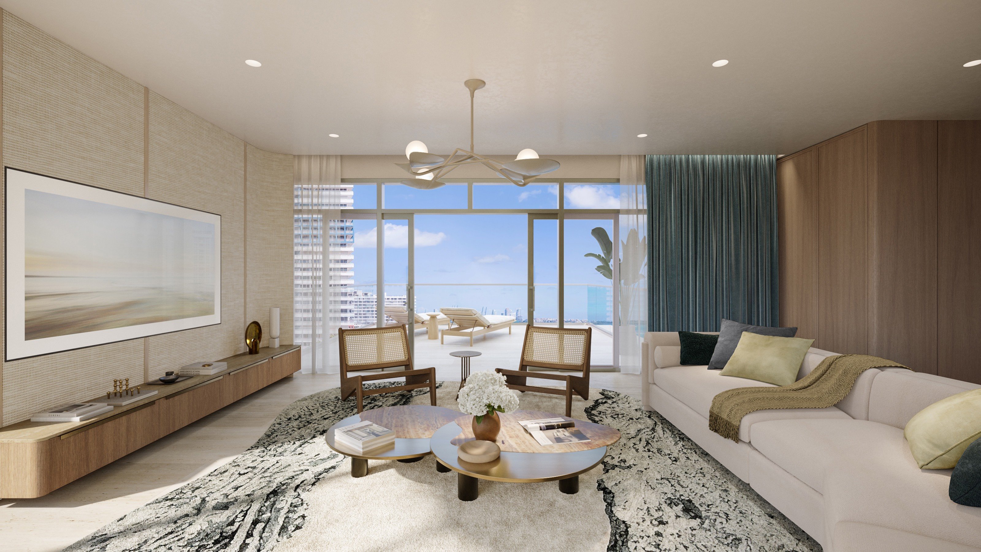 St. Regis Brickell, Brickell Miami living room with bay view and terrace access, indoor‑outdoor lifestyle in luxury and ultra luxury condos; preconstruction. Featuring modern interior and ocean.