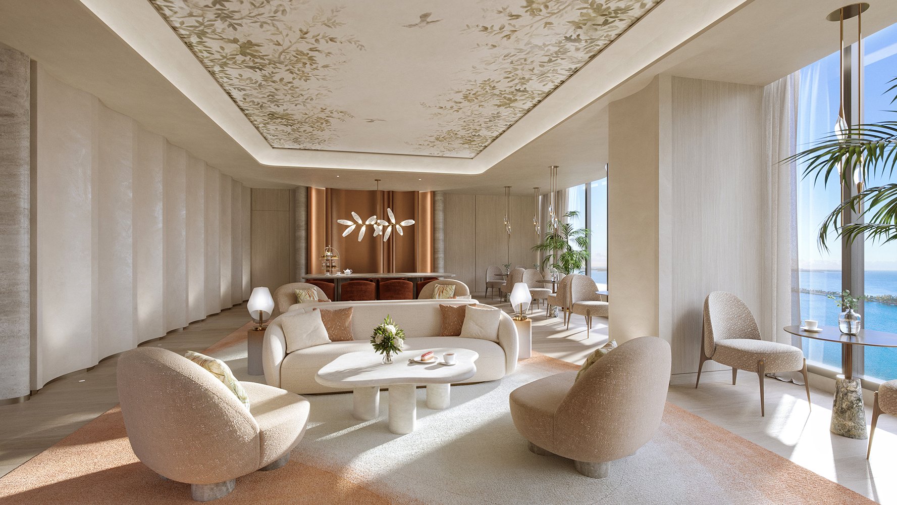 St. Regis Brickell, Brickell Miami coastal living room facing Biscayne Bay, floor‑to‑ceiling windows in luxury and ultra luxury condos; preconstruction. Featuring modern interior and ocean view.